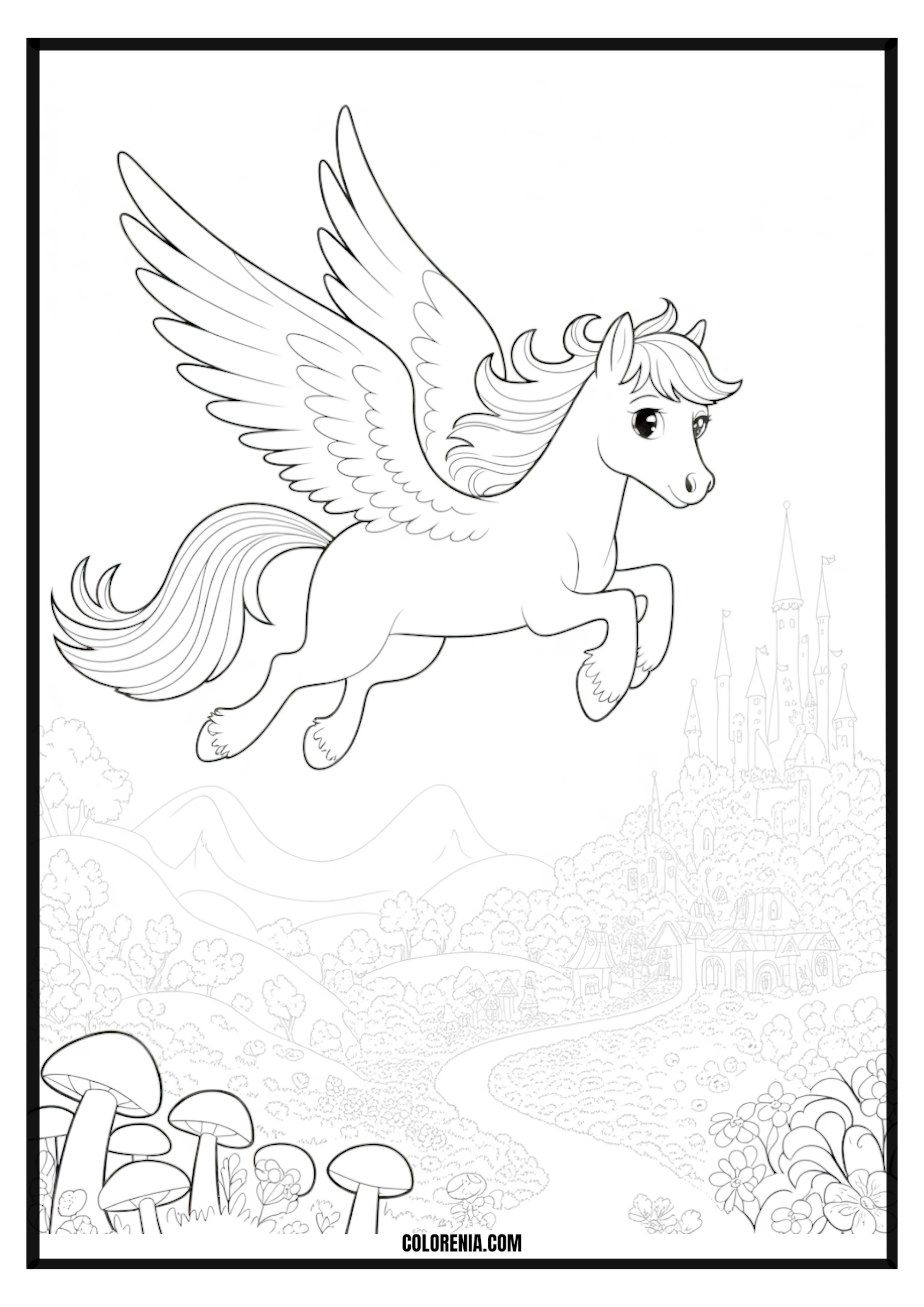Flying Pegasus Over Magical Castle Coloring Scene Flying Pegasus over a magical castle coloring scene.