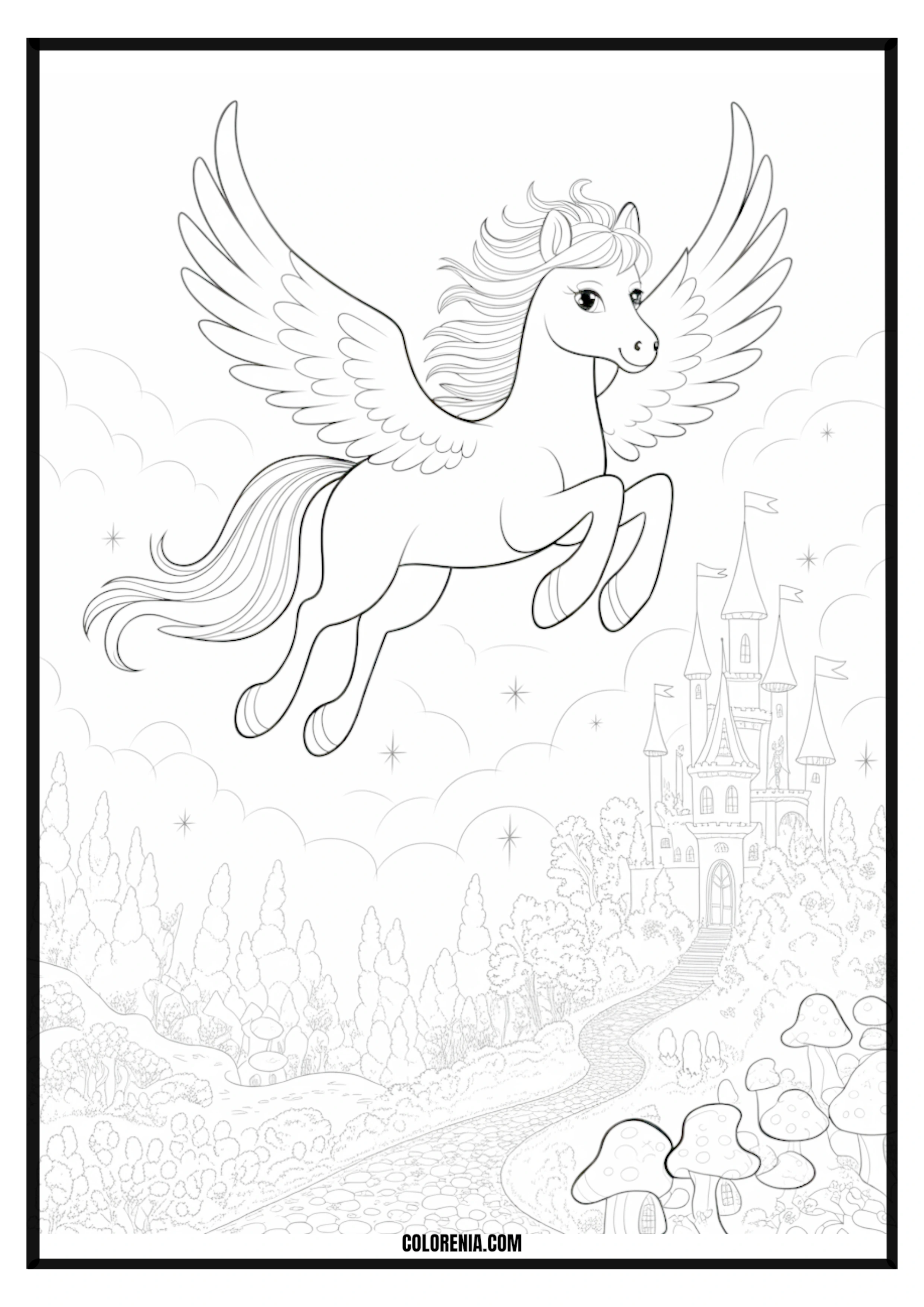 Flying Pegasus Over Magical Castle Coloring Page Flying Pegasus soaring over a magical castle coloring page.
