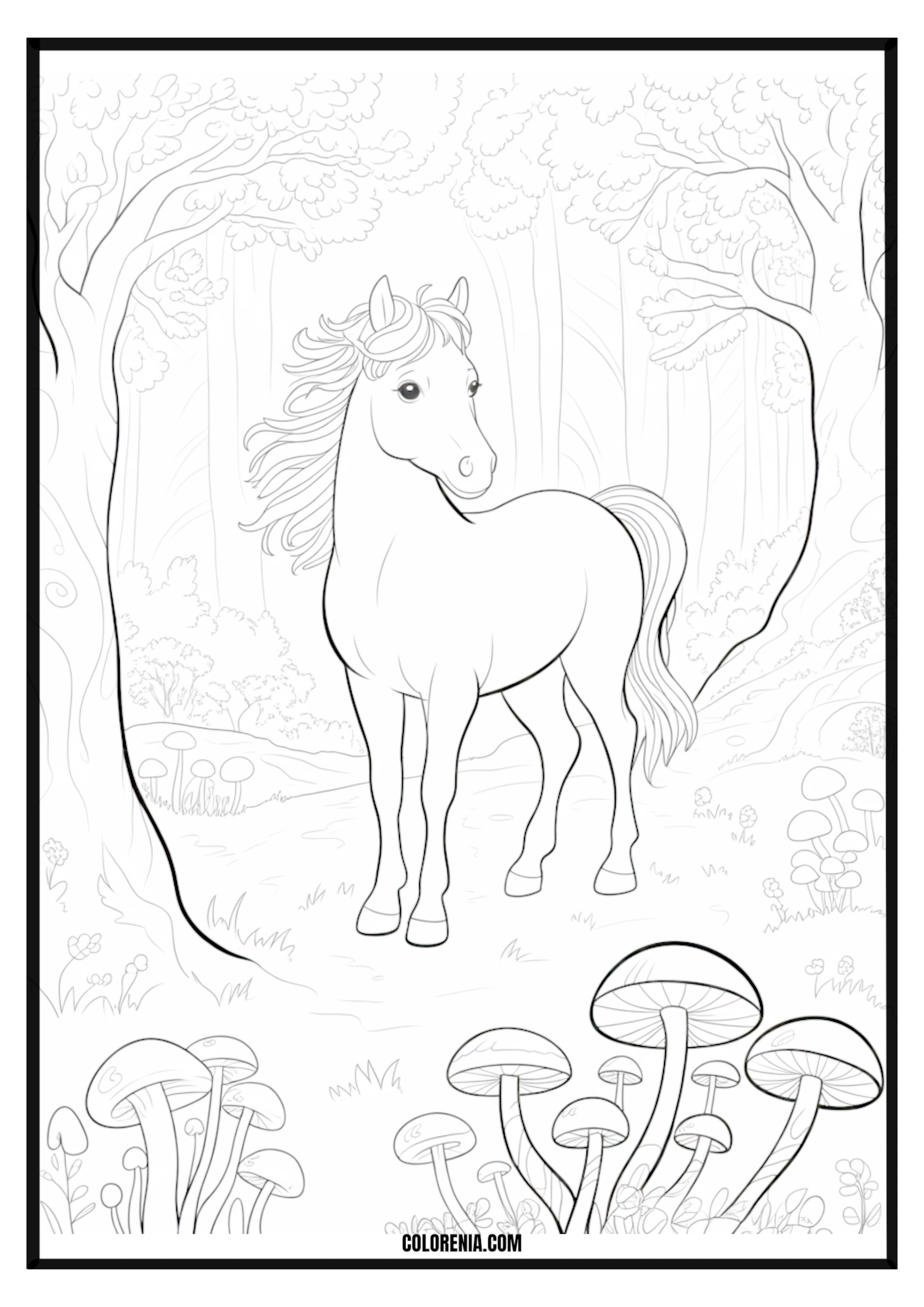 Forest Horse with Mushrooms Coloring Page Forest horse with mushrooms in a woodland setting coloring page.