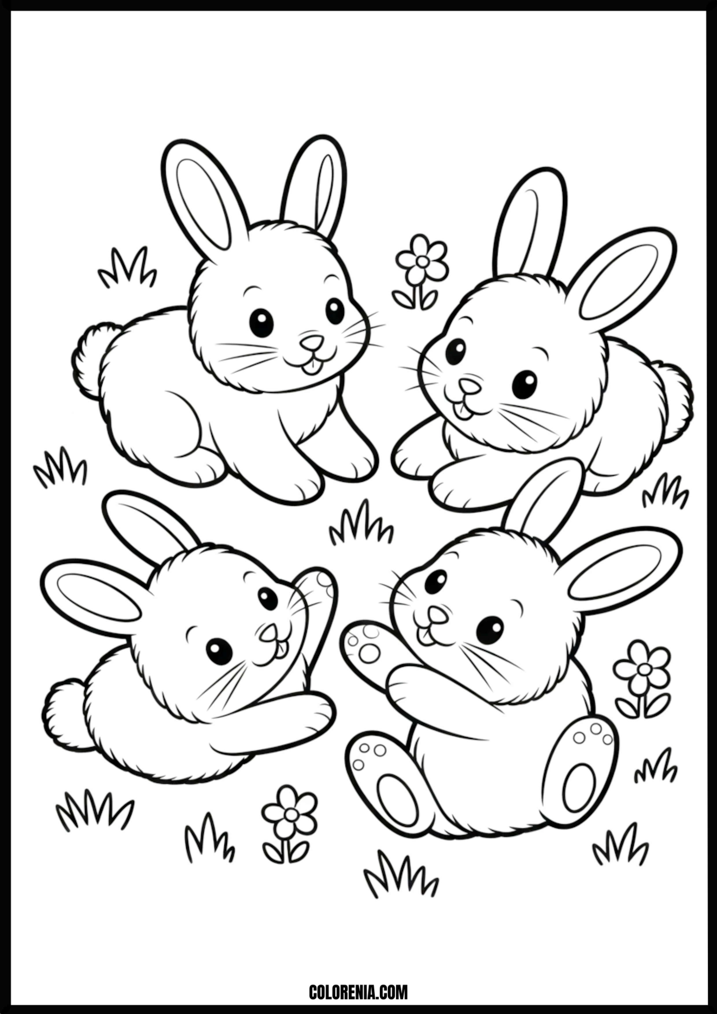 Four Cute Bunnies Printable Coloring Page Coloring page of four cute bunnies