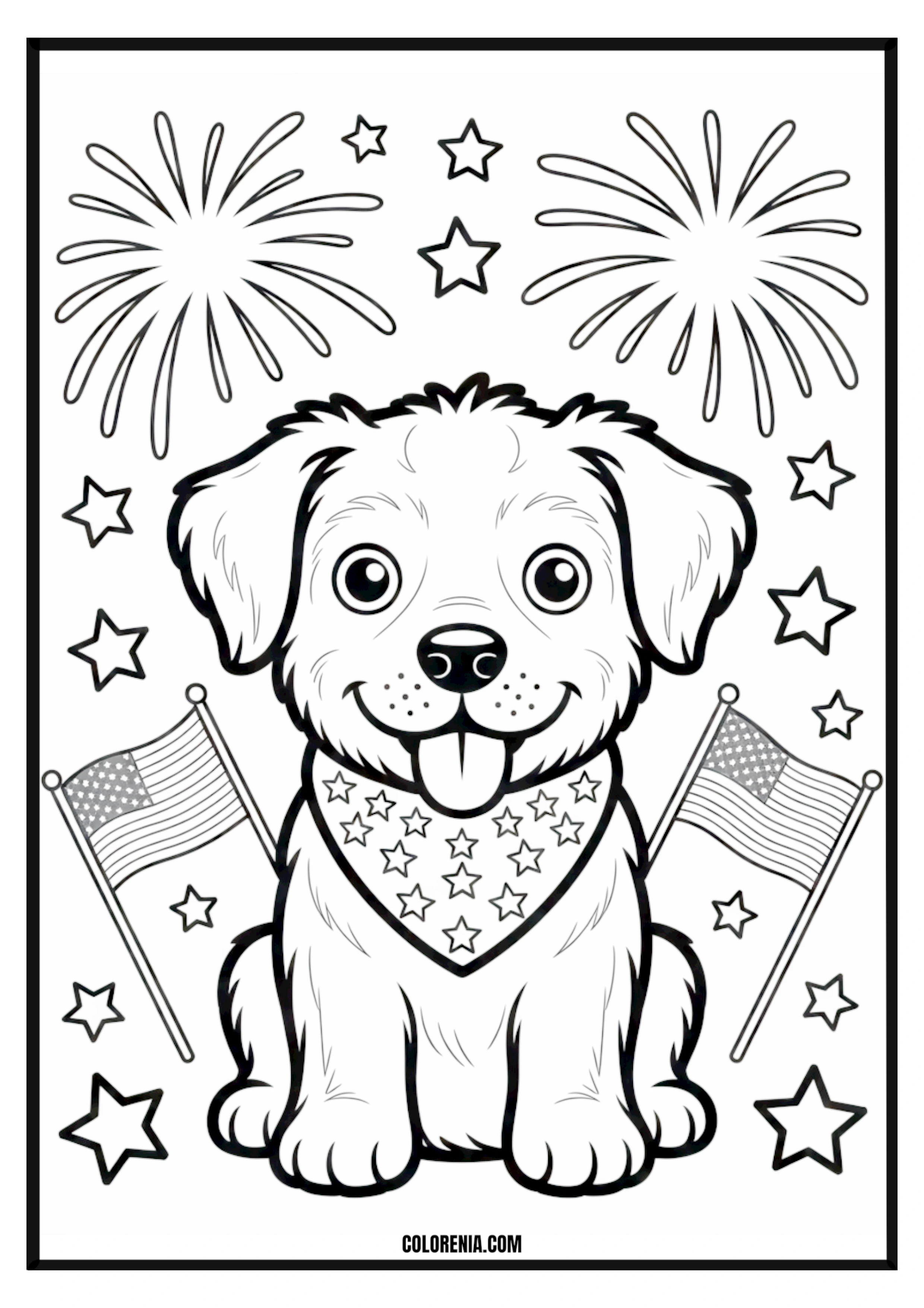 Printable Fourth of July Dog Coloring Page Patriotic dog celebrating Fourth of July with fireworks and flags, festive.