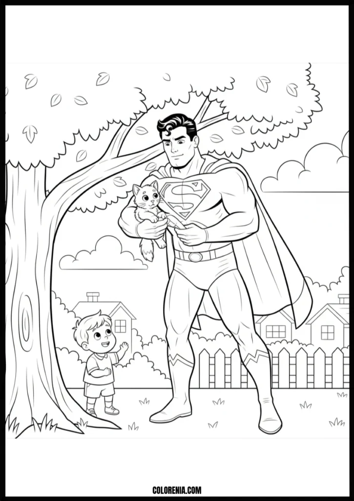 Free_Printable_Superman,_Boy,_and_Cute_Kitten_Friendship_Coloring_Page_for_Kids
