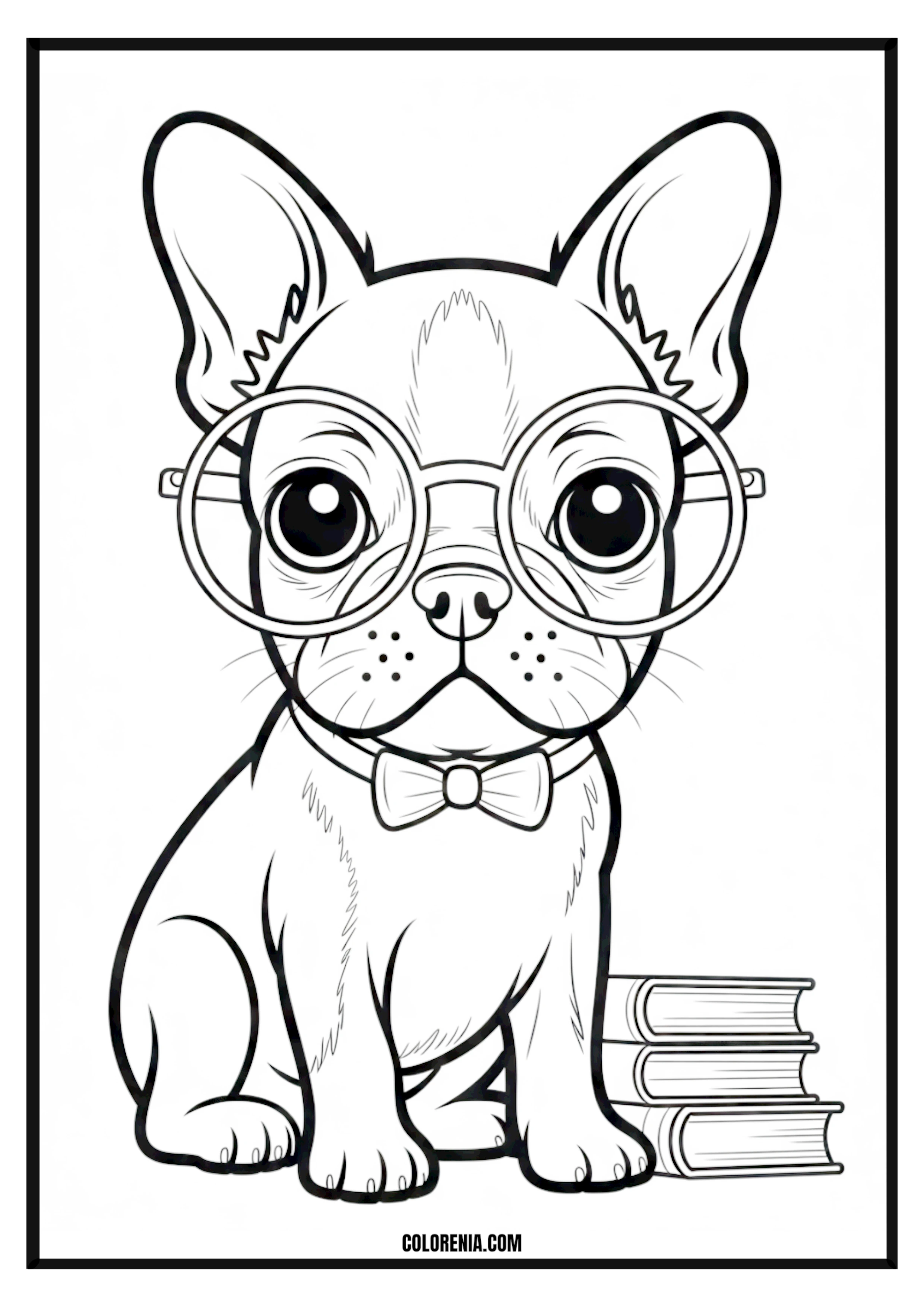 Printable French Bulldog with Glasses and Books Coloring Page French bulldog reading books with glasses, intellectual and cute.