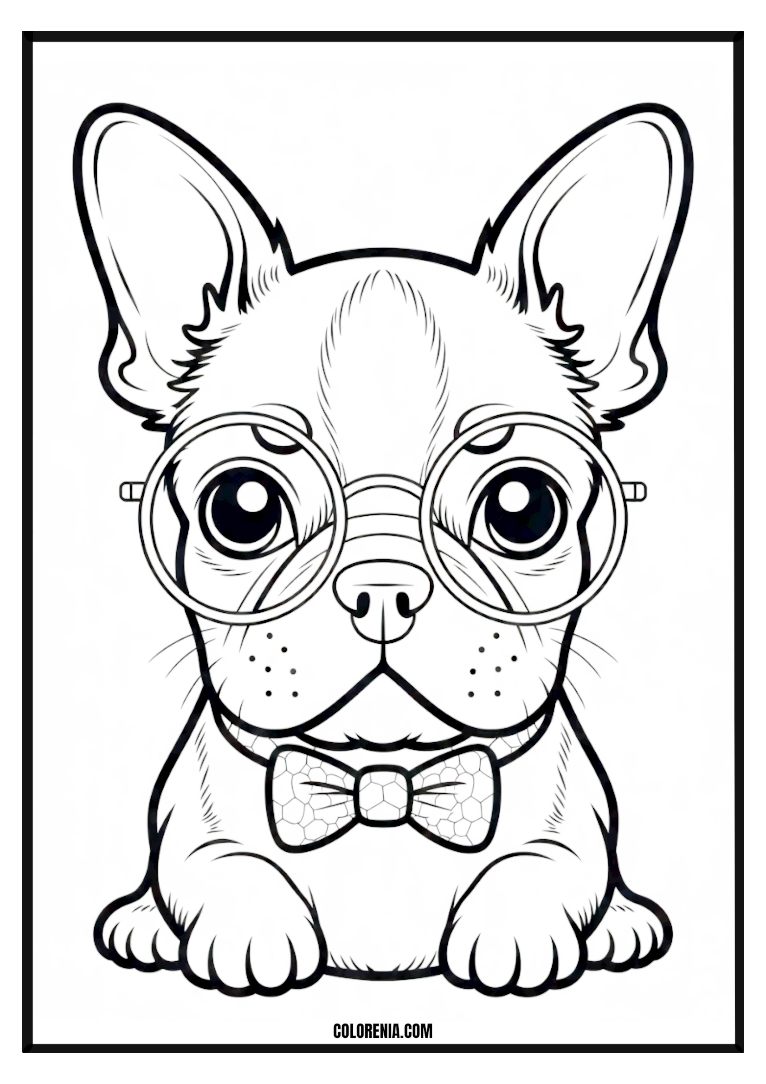 Printable French Bulldog Wearing Glasses and Bowtie Coloring Page Sophisticated French bulldog wearing glasses and a bowtie, smart dog theme.