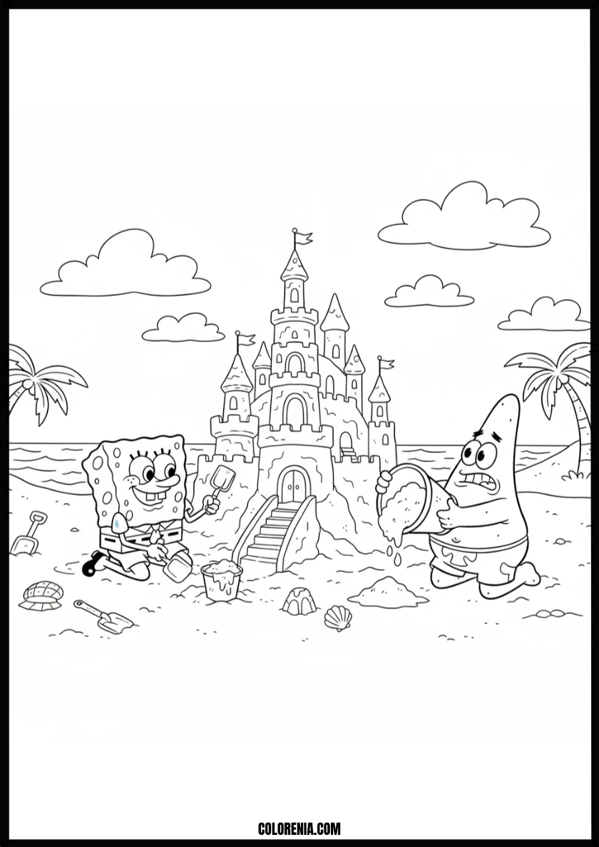 Fun Spongebob and Patrick Building Sandcastles at the Beach Coloring Page