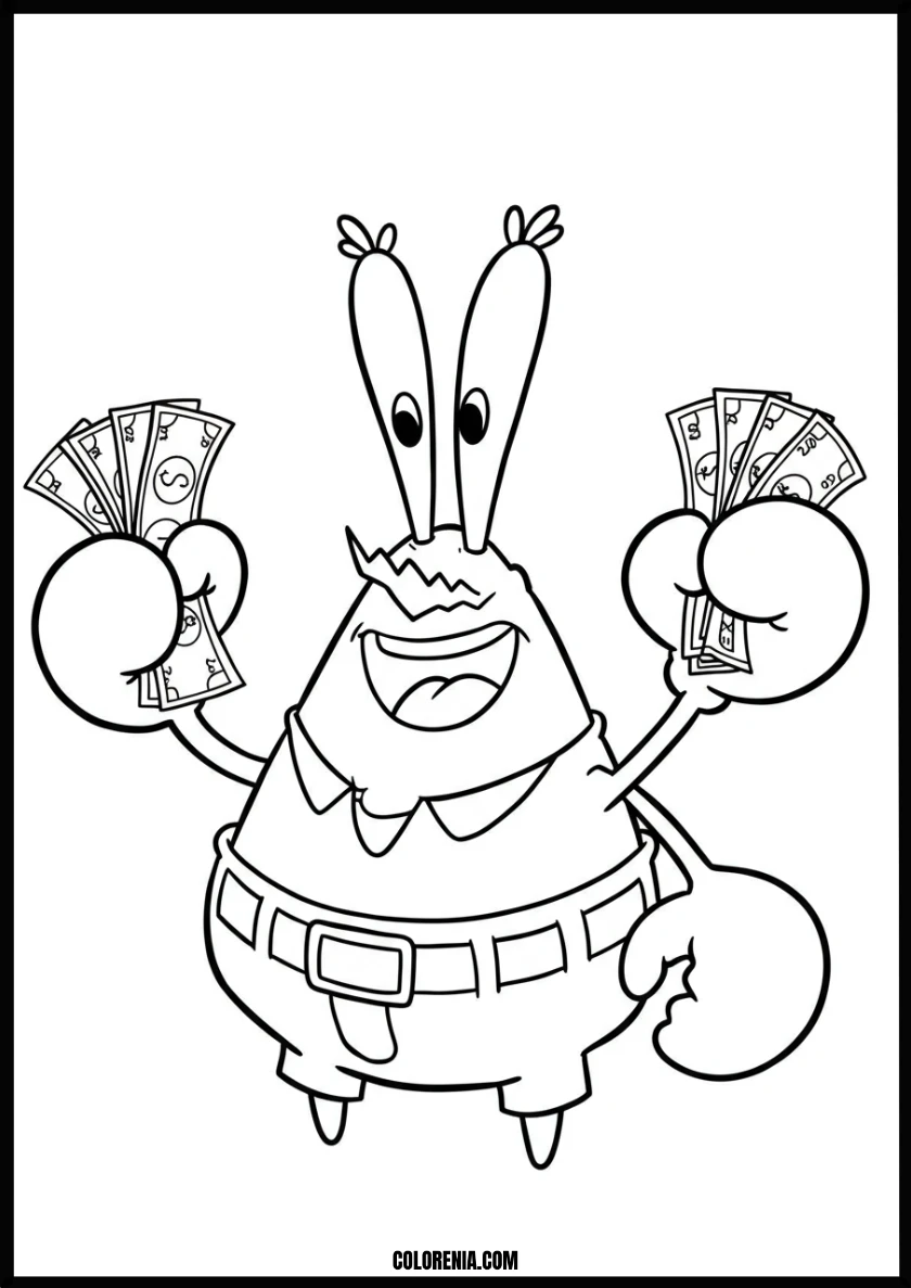Funny Mr. Krabs Counting His Money Coloring Page
