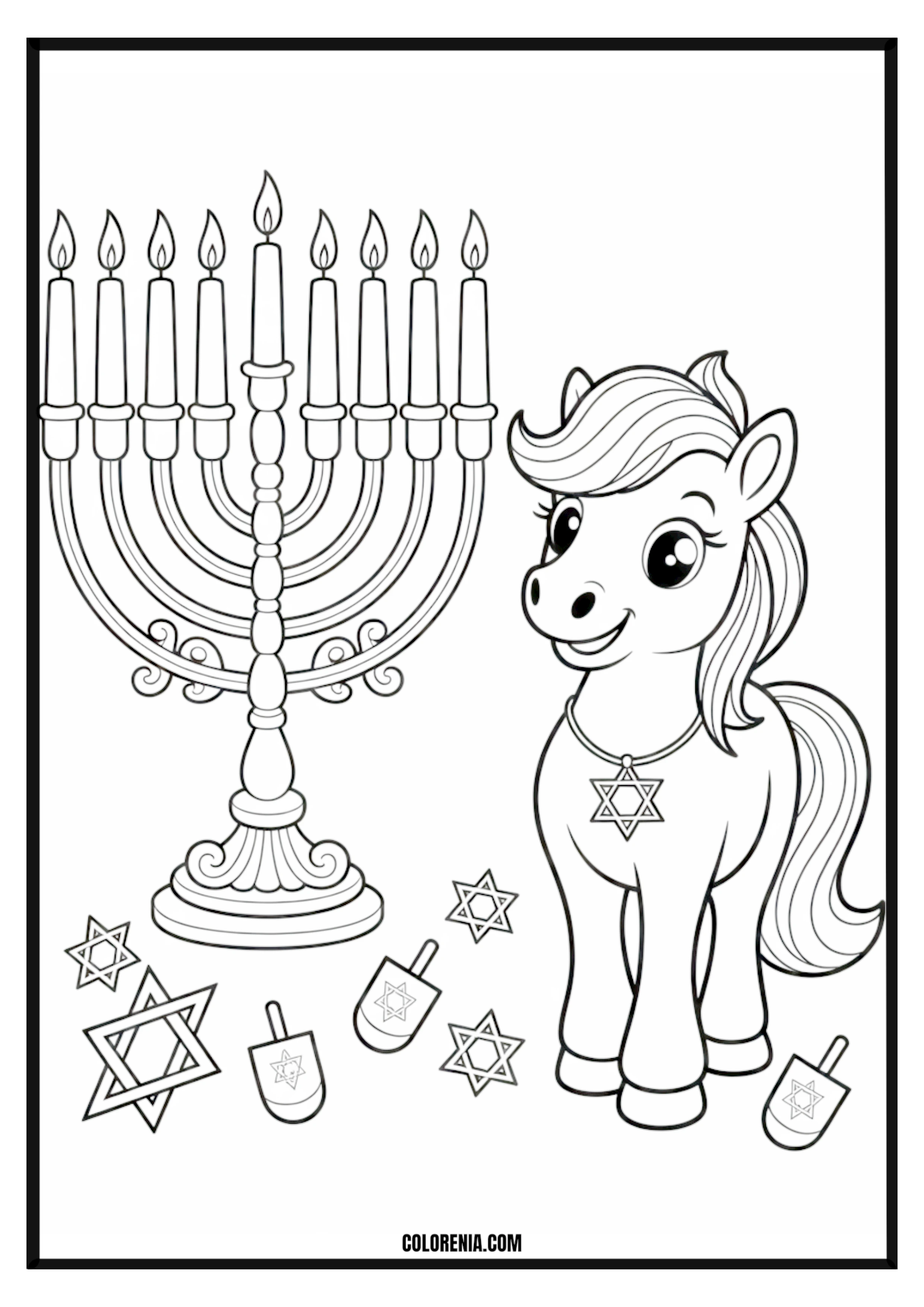 Hanukkah Pony Menorah Dreidels Coloring Page Hanukkah pony with menorah and dreidels coloring page.