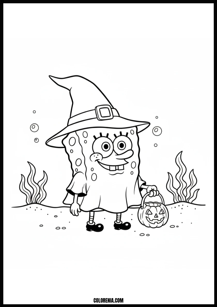 Happy Halloween Spongebob Ghost & Pumpkin Coloring Page