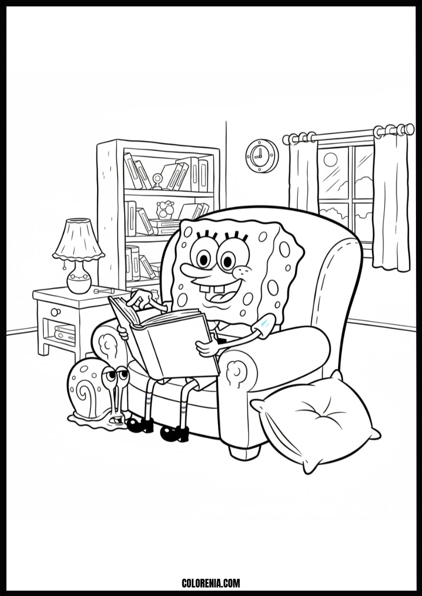 Happy Spongebob Reading with Gary Coloring Page