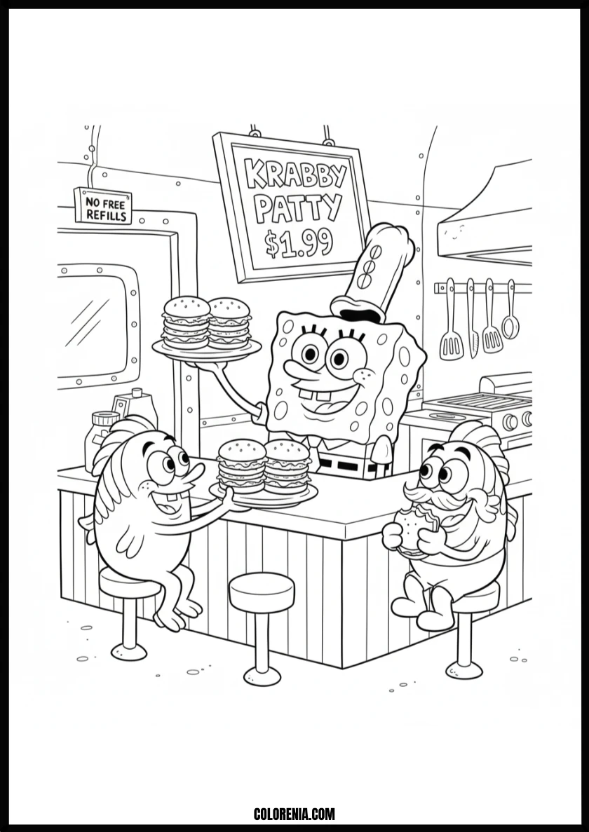 Happy Spongebob Serving Delicious Krabby Patties Coloring Page