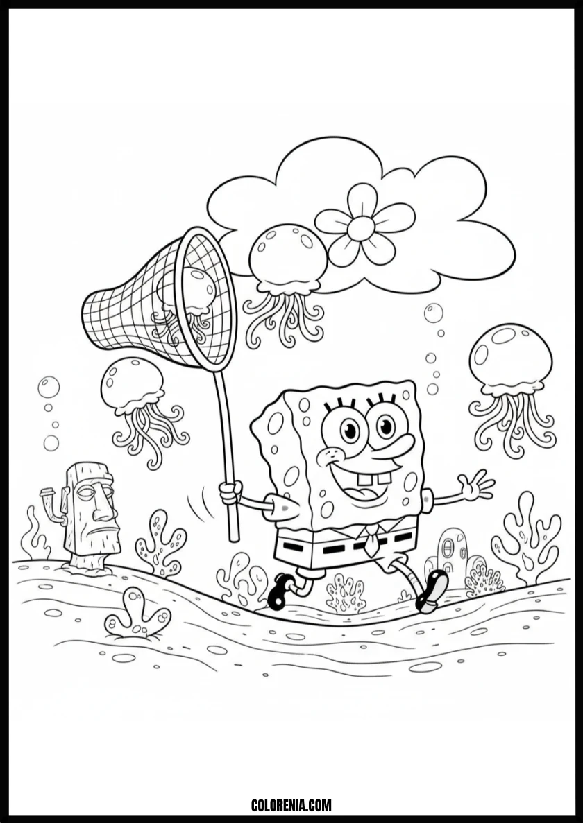 Happy Spongebobs Jellyfishing Adventure Coloring Page