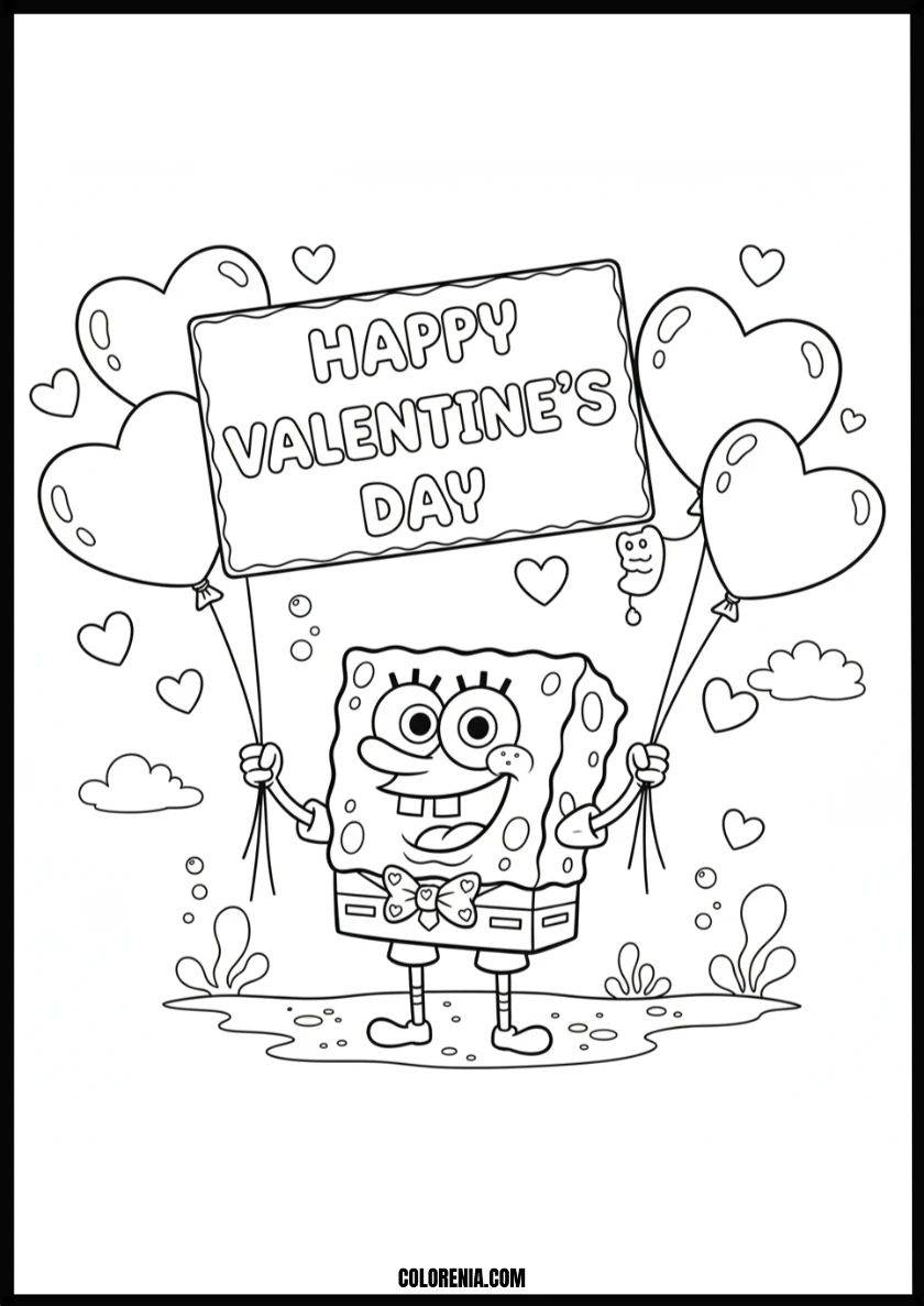 Happy Valentines Day SpongeBob SquarePants with Balloons Coloring Page