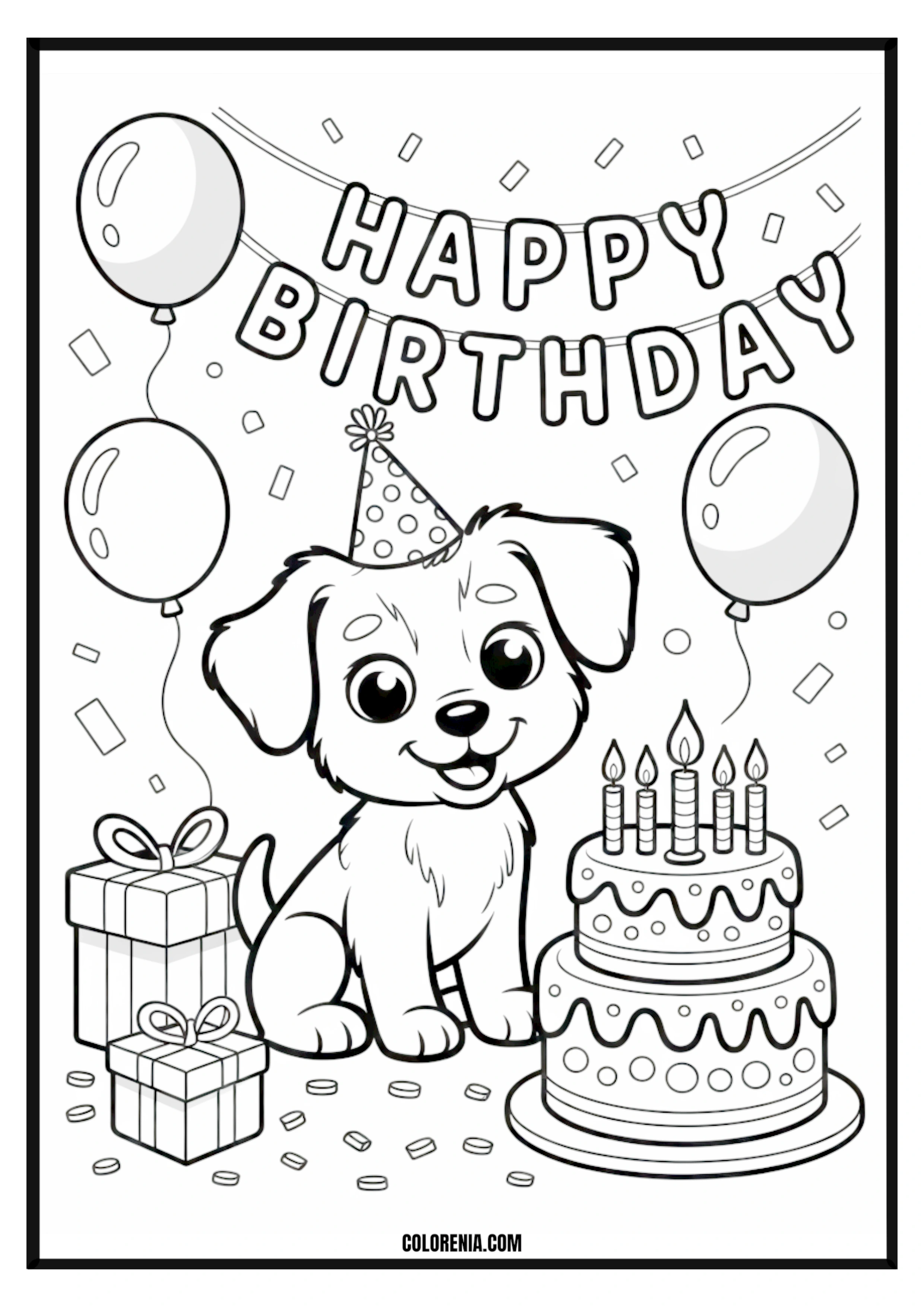 Printable Happy Birthday Puppy Coloring Page Happy puppy celebrating a birthday with gifts and cake, festive.