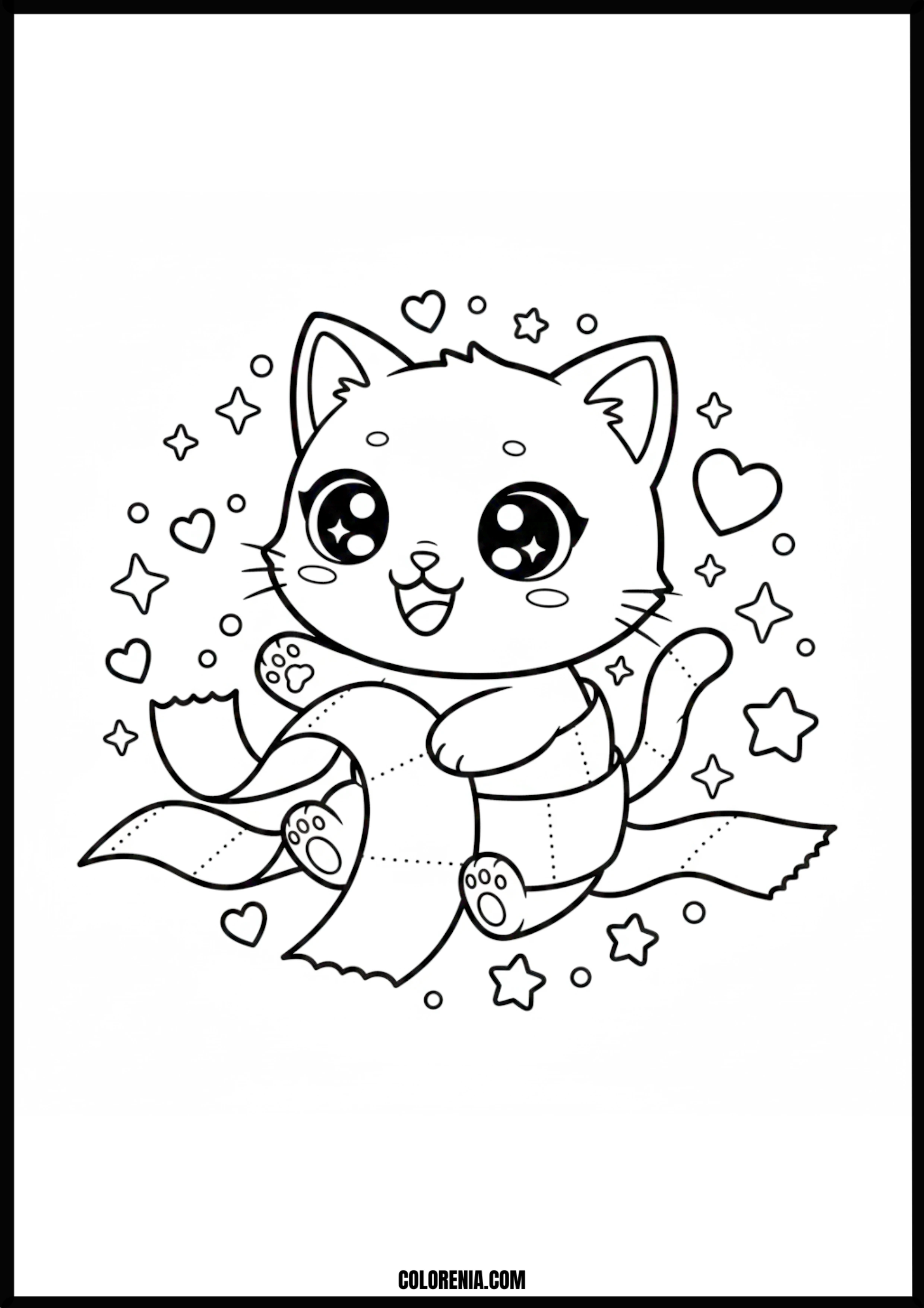 Happy Cat Unrolling Toilet Paper Coloring Page