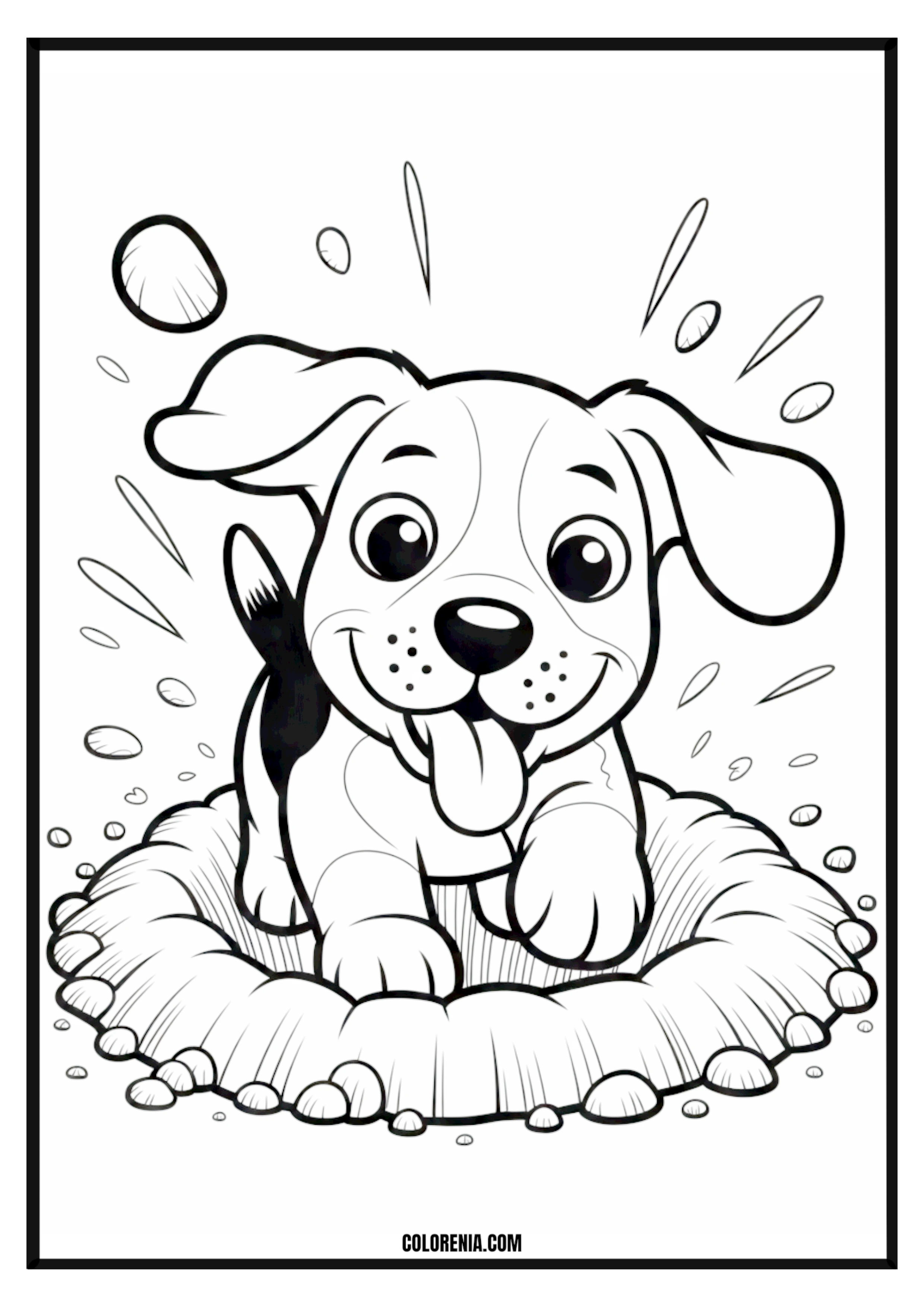Printable Happy Puppy Digging Coloring Page Happy puppy enthusiastically digging a hole, playful dog activity.