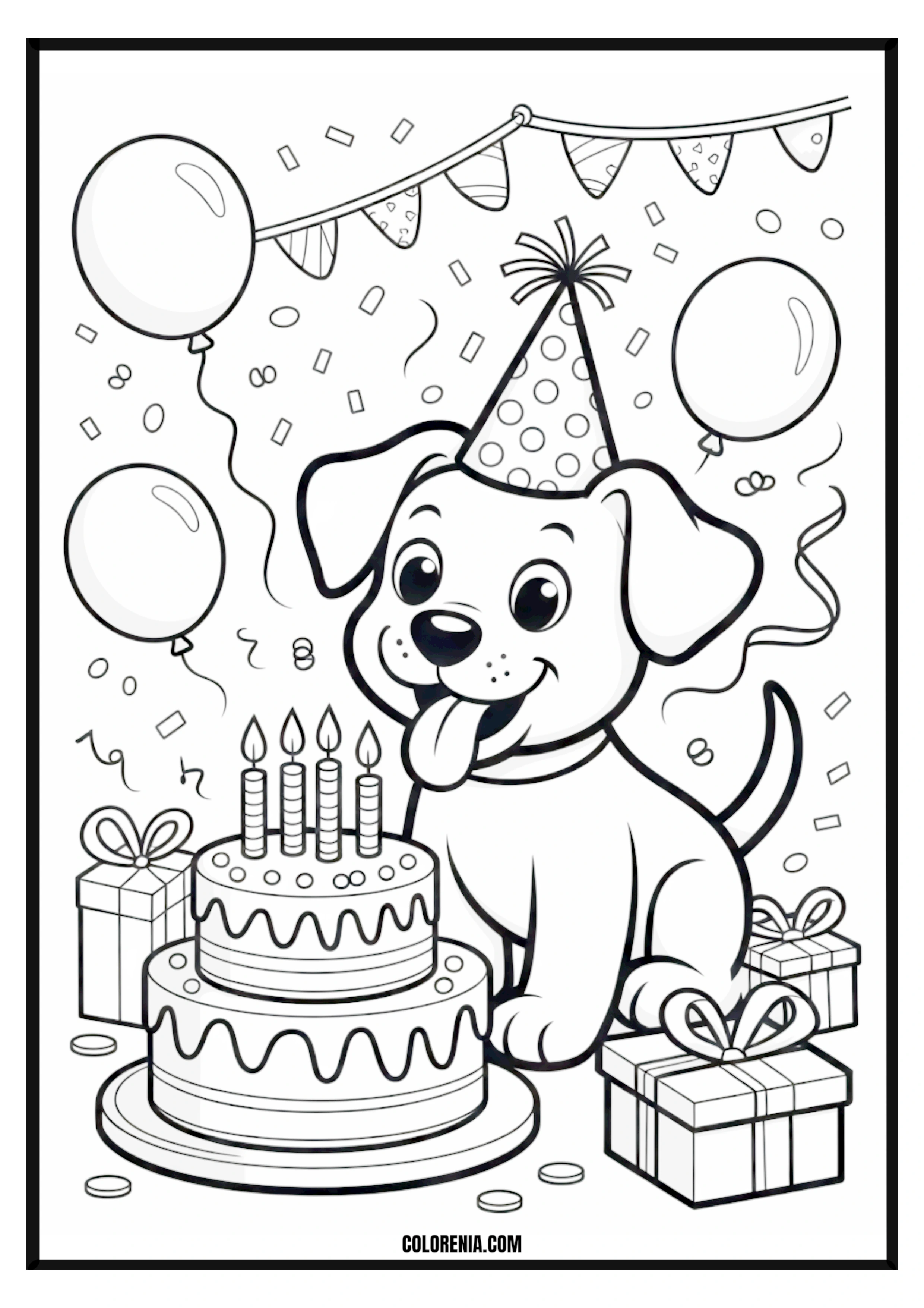 Printable Happy Birthday Dog Coloring Page Happy birthday dog wearing a party hat, festive celebration scene.