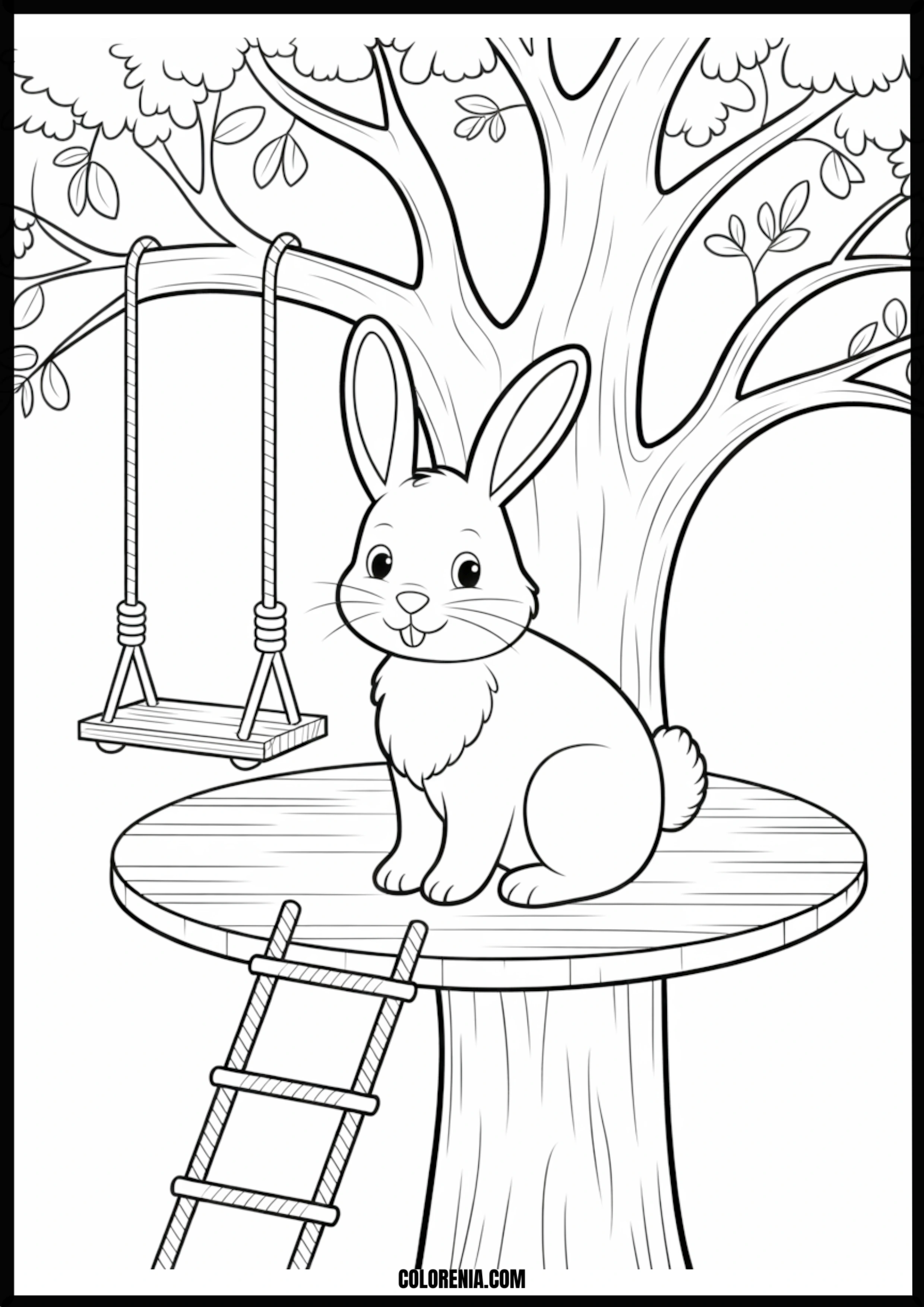 Happy Bunny On Treehouse With Swing Printable Coloring Page Coloring page of happy bunny on treehouse with swing
