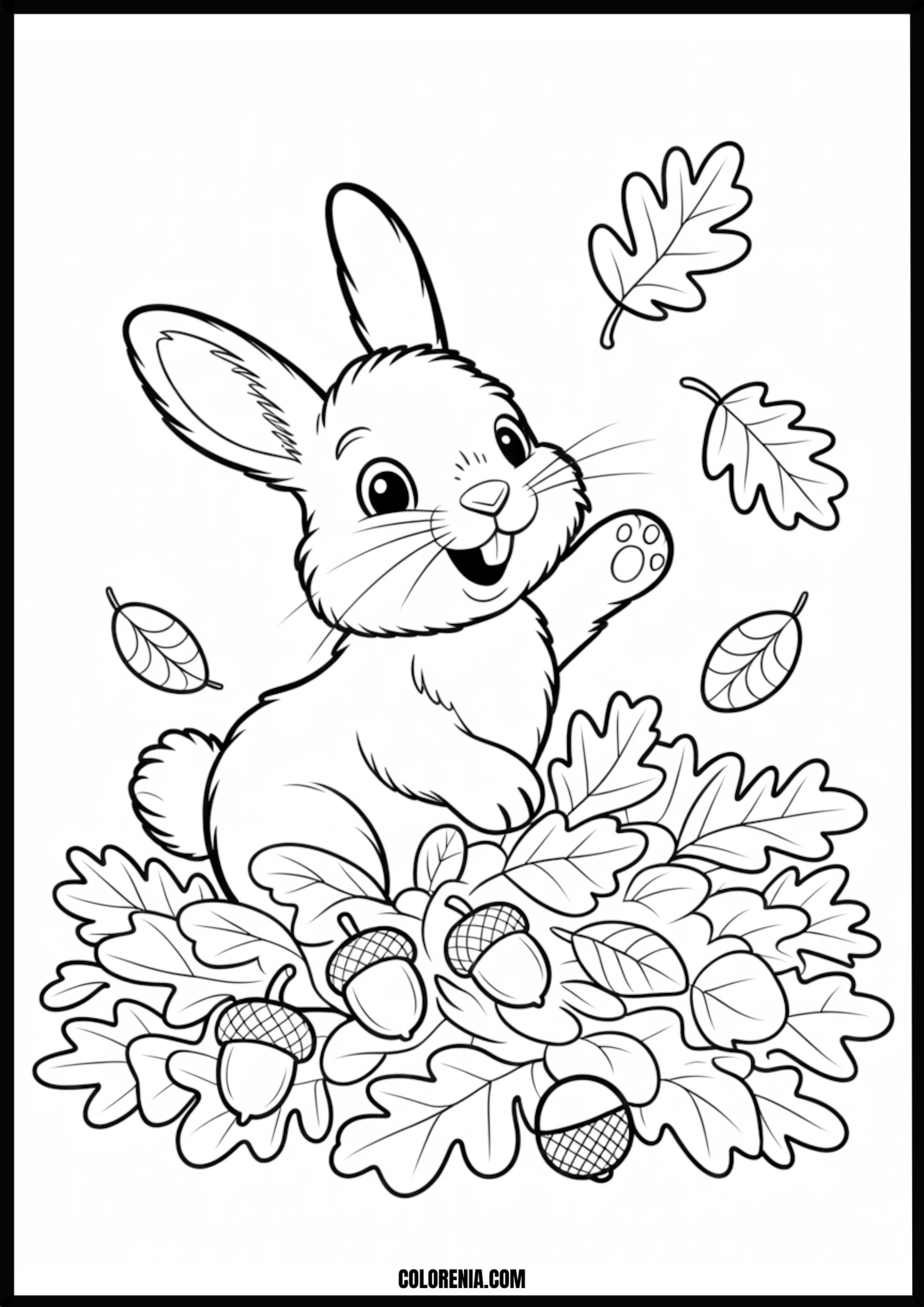 Happy Bunny With Autumn Leaves And Acorns Printable Coloring Page Coloring page of happy bunny with autumn leaves and acorns