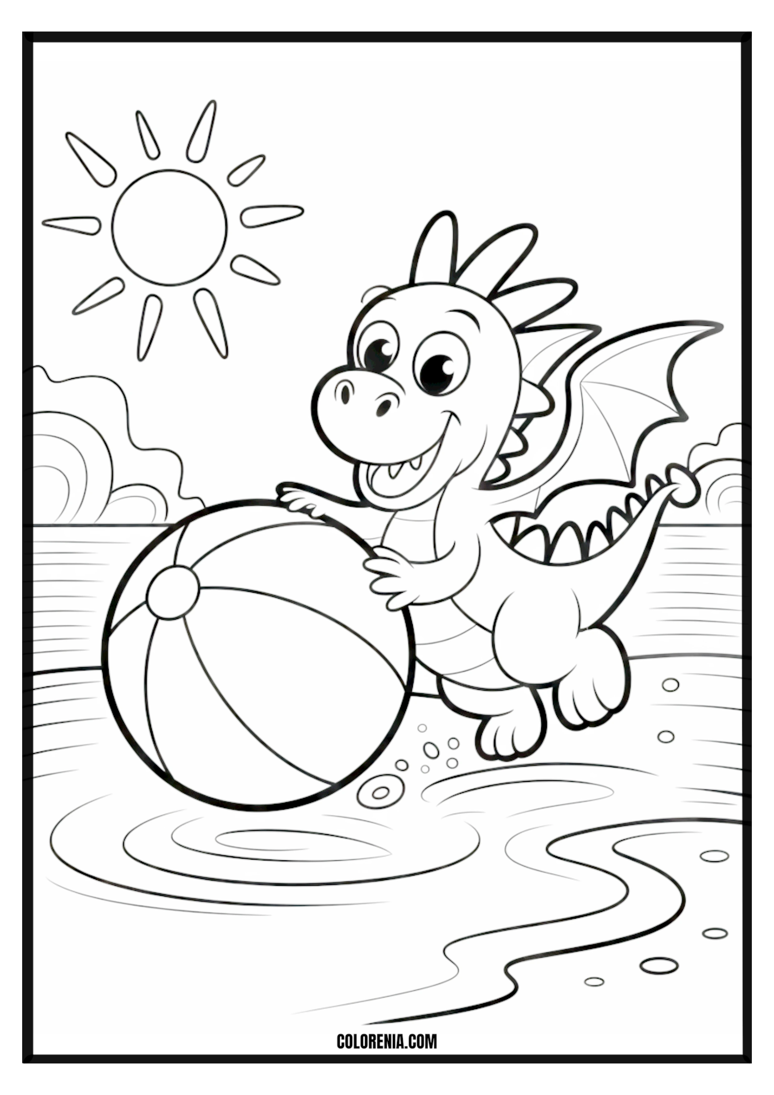 Happy dragon playing with beach ball under sun