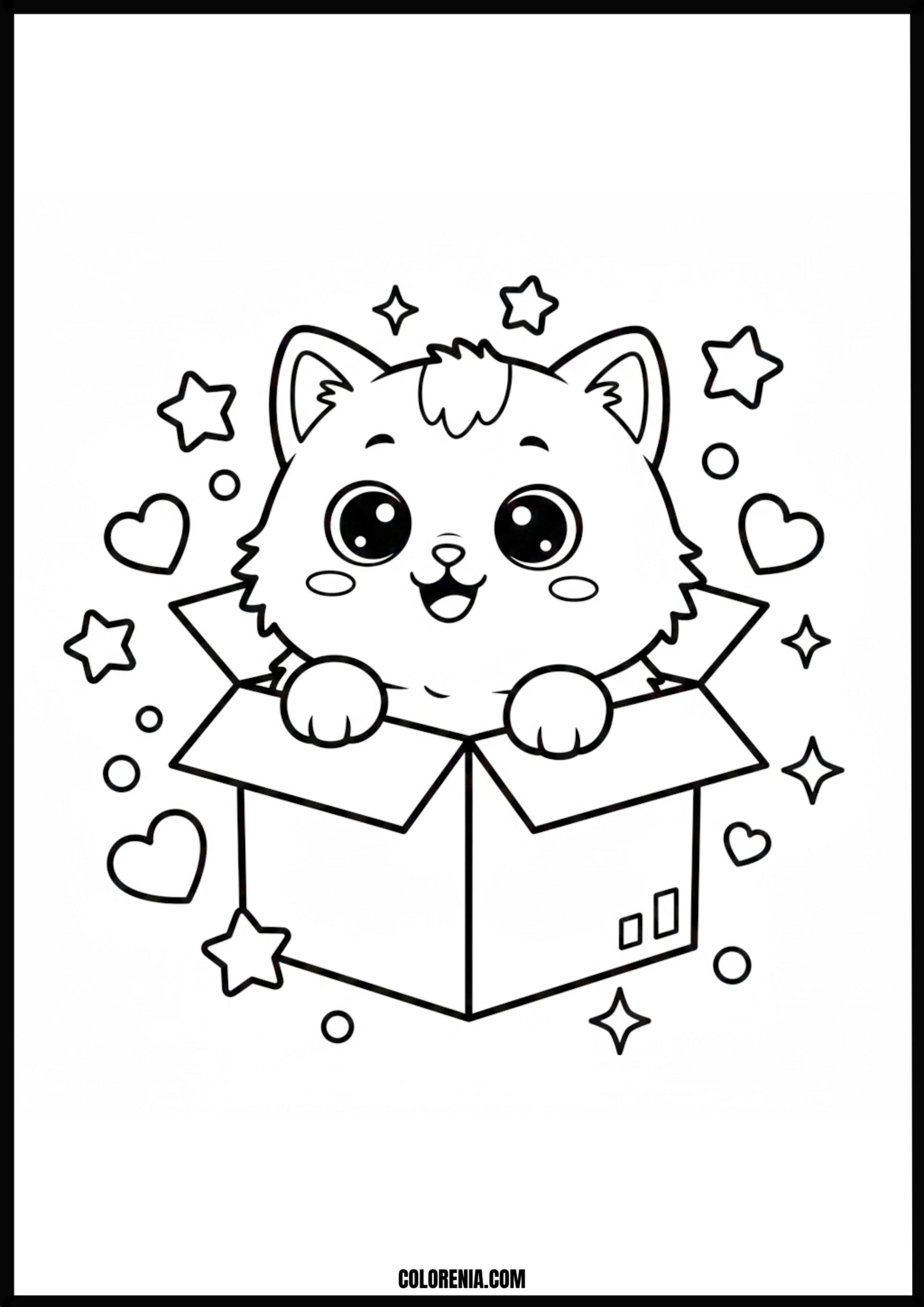 Happy Kitten In A Box Coloring Page