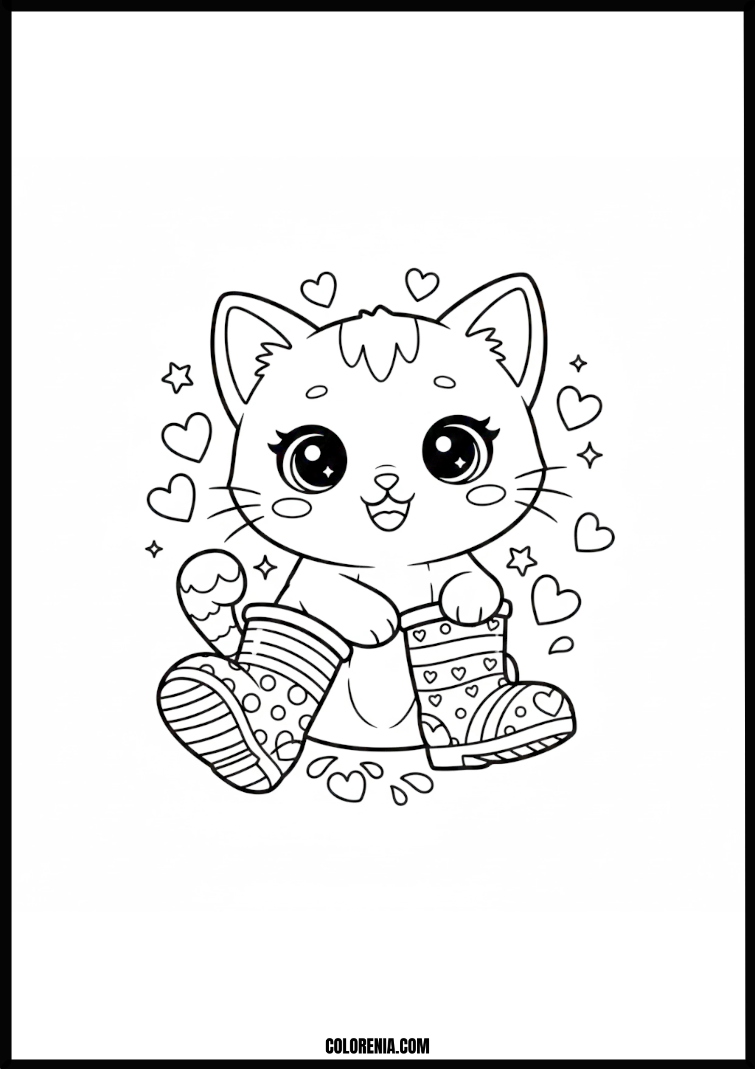 Happy Kitten With Boots And Hearts Coloring Page