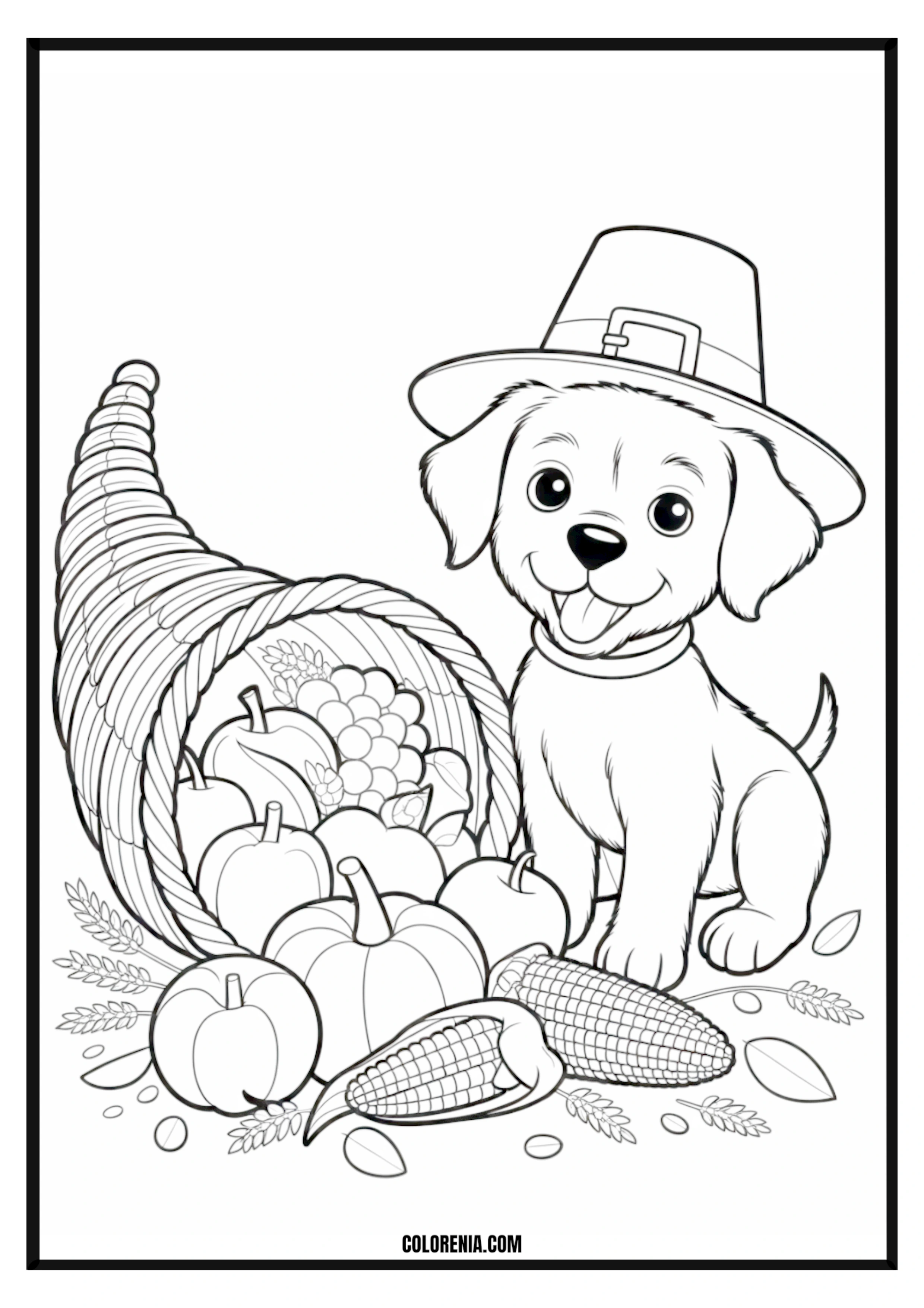 Printable Happy Pilgrim Puppy and Harvest Cornucopia Coloring Page Happy pilgrim puppy with a harvest cornucopia, Thanksgiving theme.