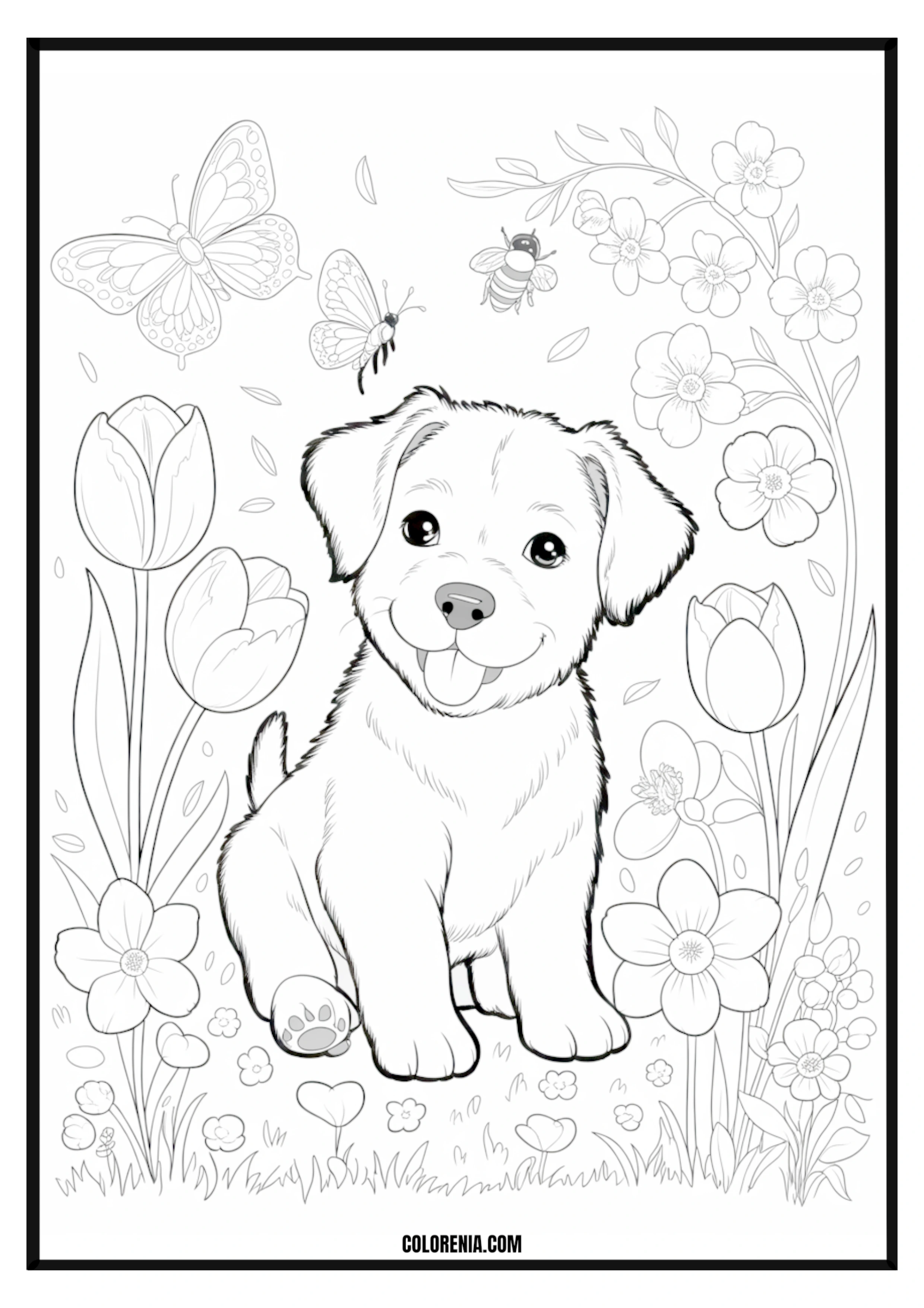 Printable Happy Puppy and Garden Flowers Coloring Page Happy puppy frolicking among vibrant garden flowers, joyful nature scene.