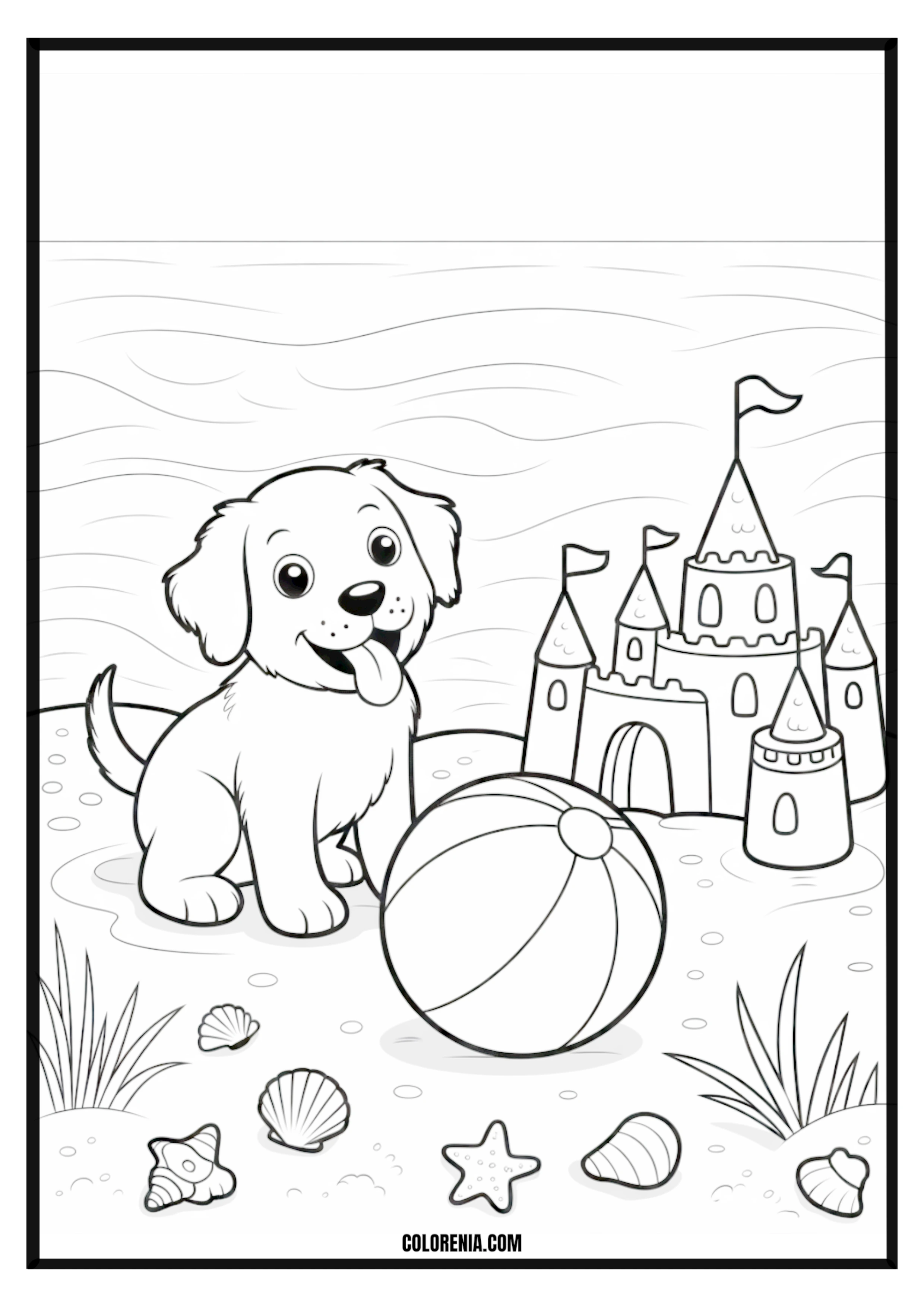 Printable Happy Puppy at the Beach with Sandcastle and Ball Coloring Page Happy puppy playing at the beach with a sandcastle and ball, summer fun.