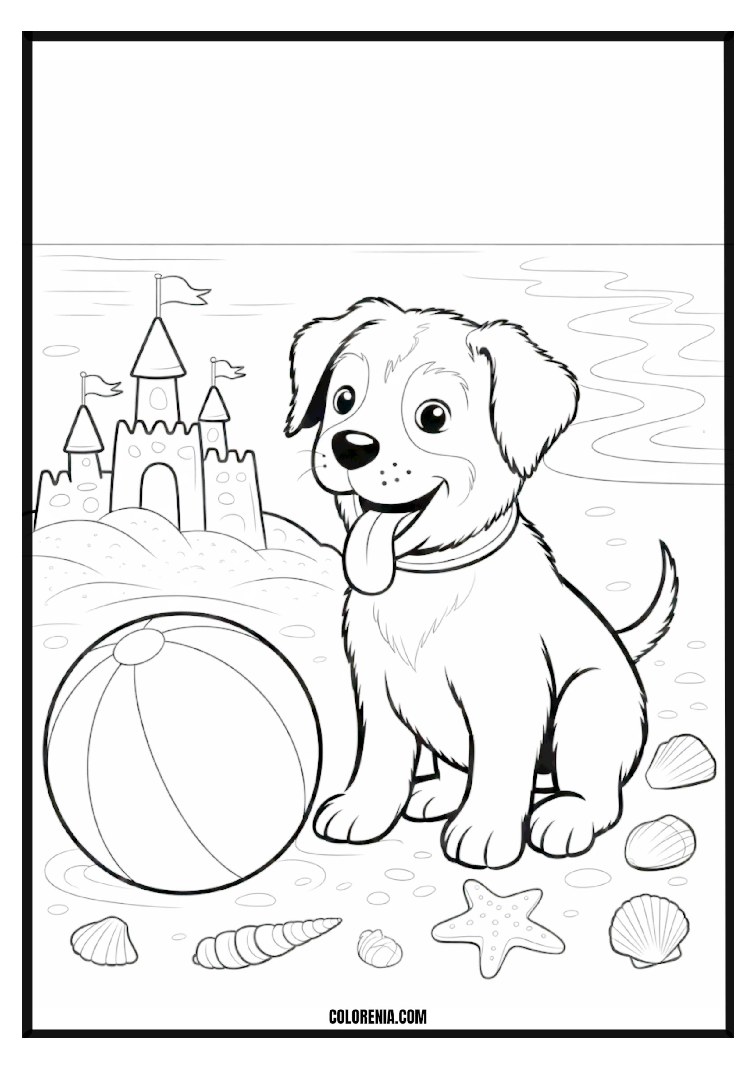 Printable Happy Puppy Beach Sandcastle Coloring Page Happy puppy building a sandcastle on the beach, sunny summer fun.