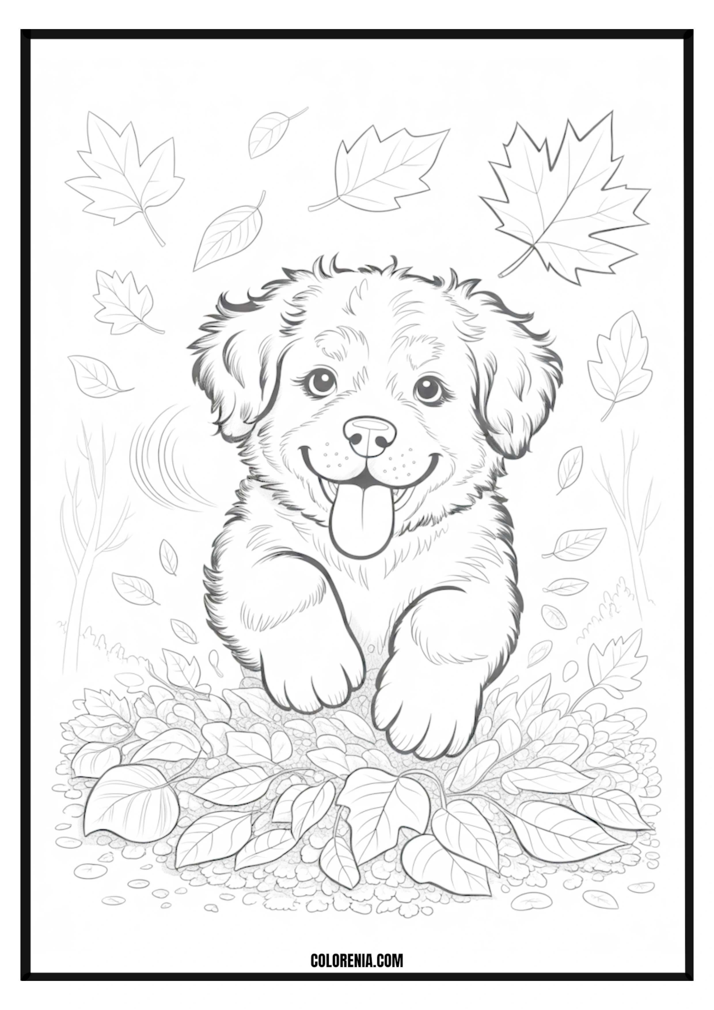Printable Happy Puppy in Autumn Leaves Coloring Page Happy puppy playing in a pile of autumn leaves, fall seasonal fun.