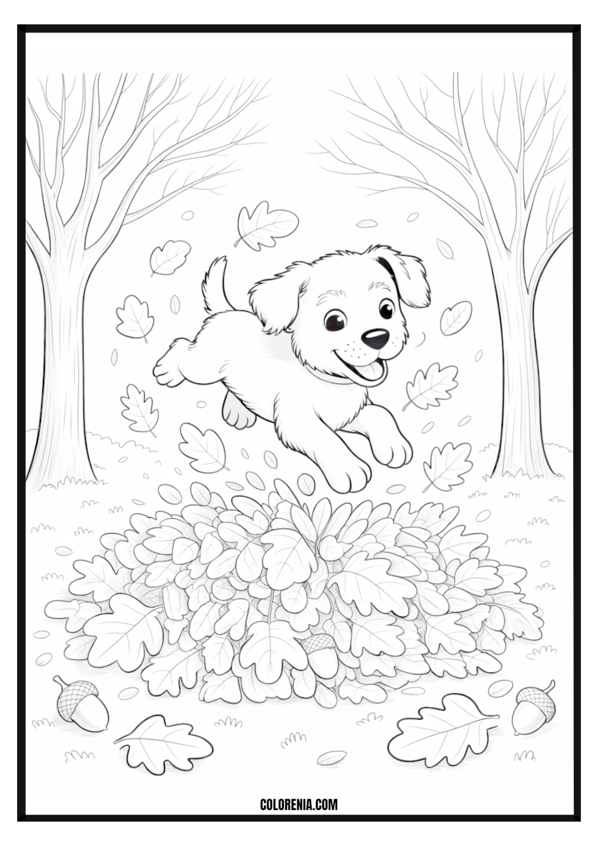 Printable Happy Puppy Playing in Autumn Leaves Coloring Page Happy puppy joyfully playing in a pile of autumn leaves, fall scene.