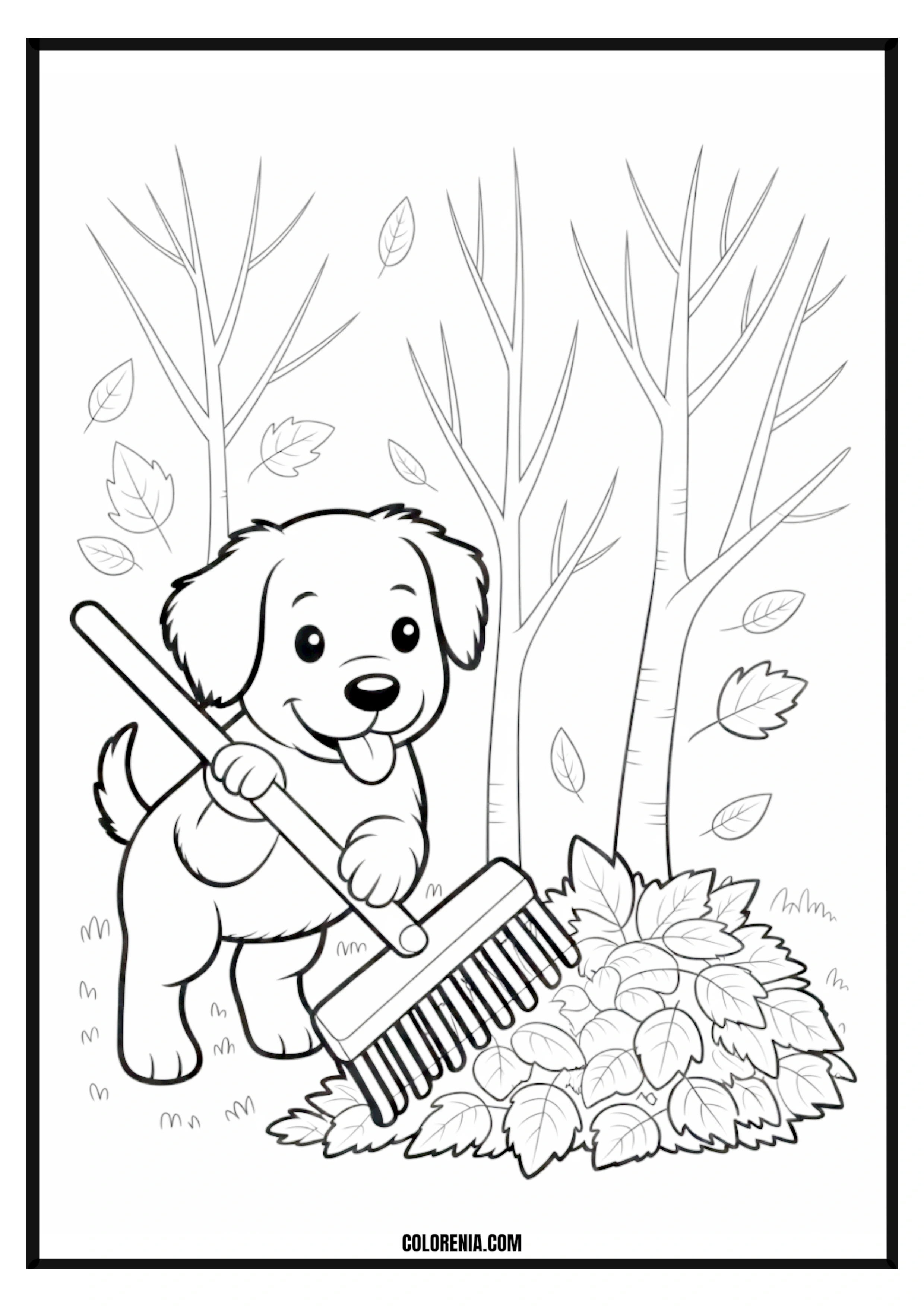 Printable Happy Puppy Raking Fall Leaves Coloring Page Happy puppy diligently raking fall leaves, autumn seasonal chore.