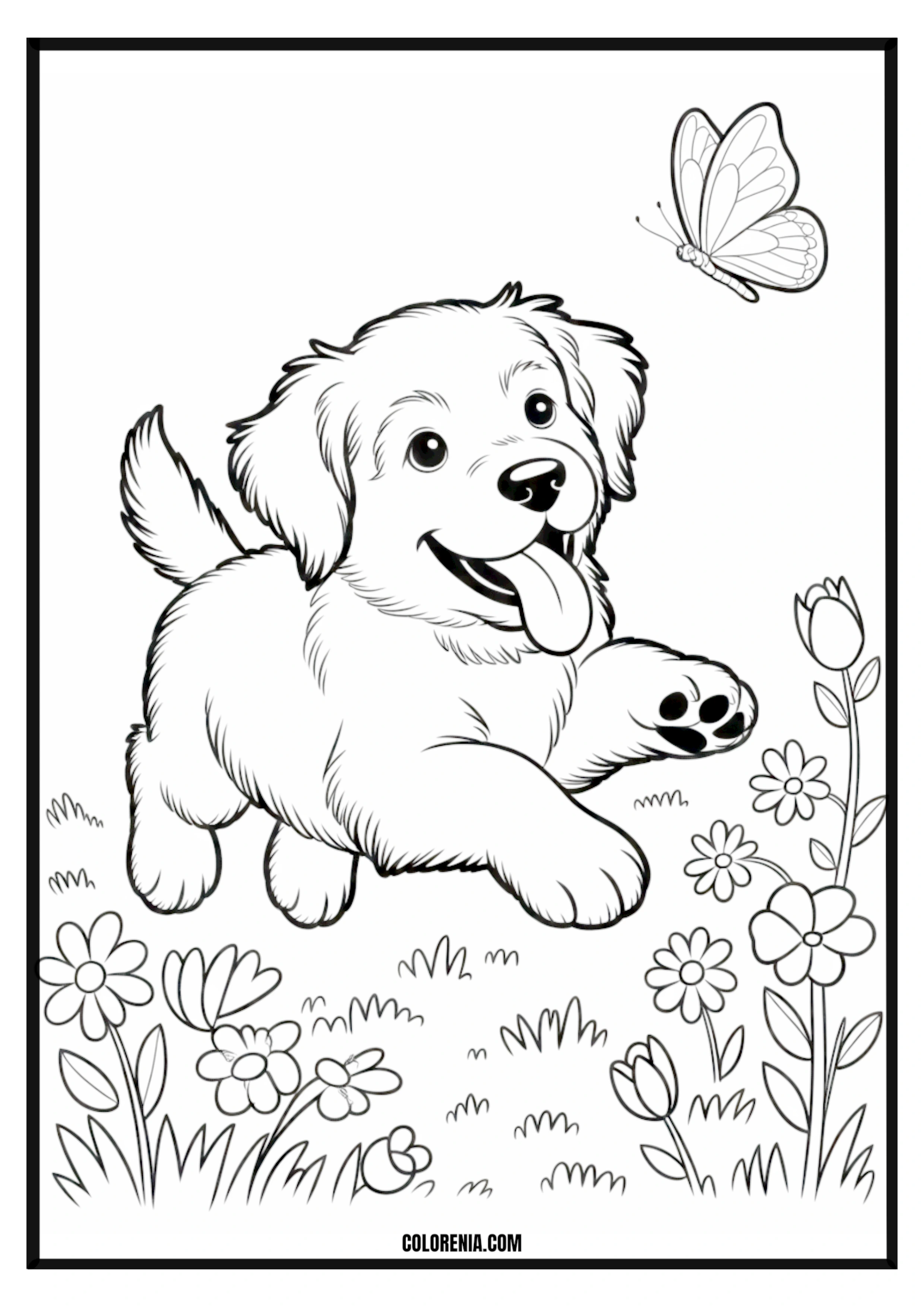 Printable Happy Puppy Watching Butterfly in a Flower Garden Coloring Page Happy puppy observing a butterfly in a beautiful flower garden, serene.