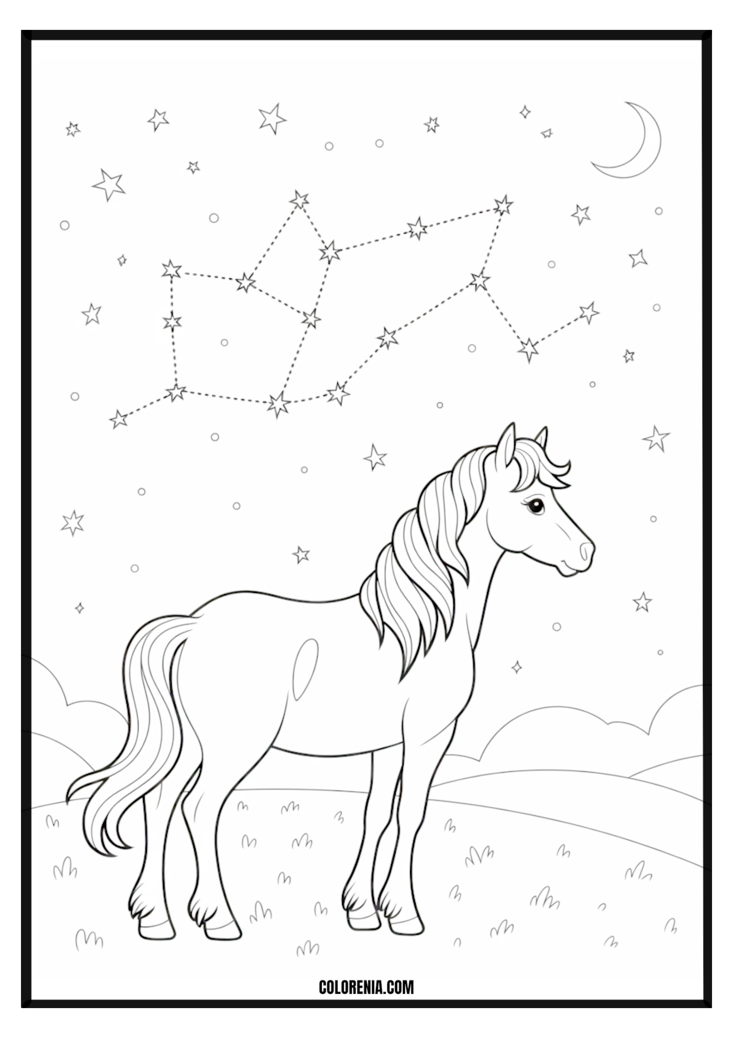 Horse and Pegasus Constellation Coloring Page Horse and Pegasus constellation in a starry sky coloring page.