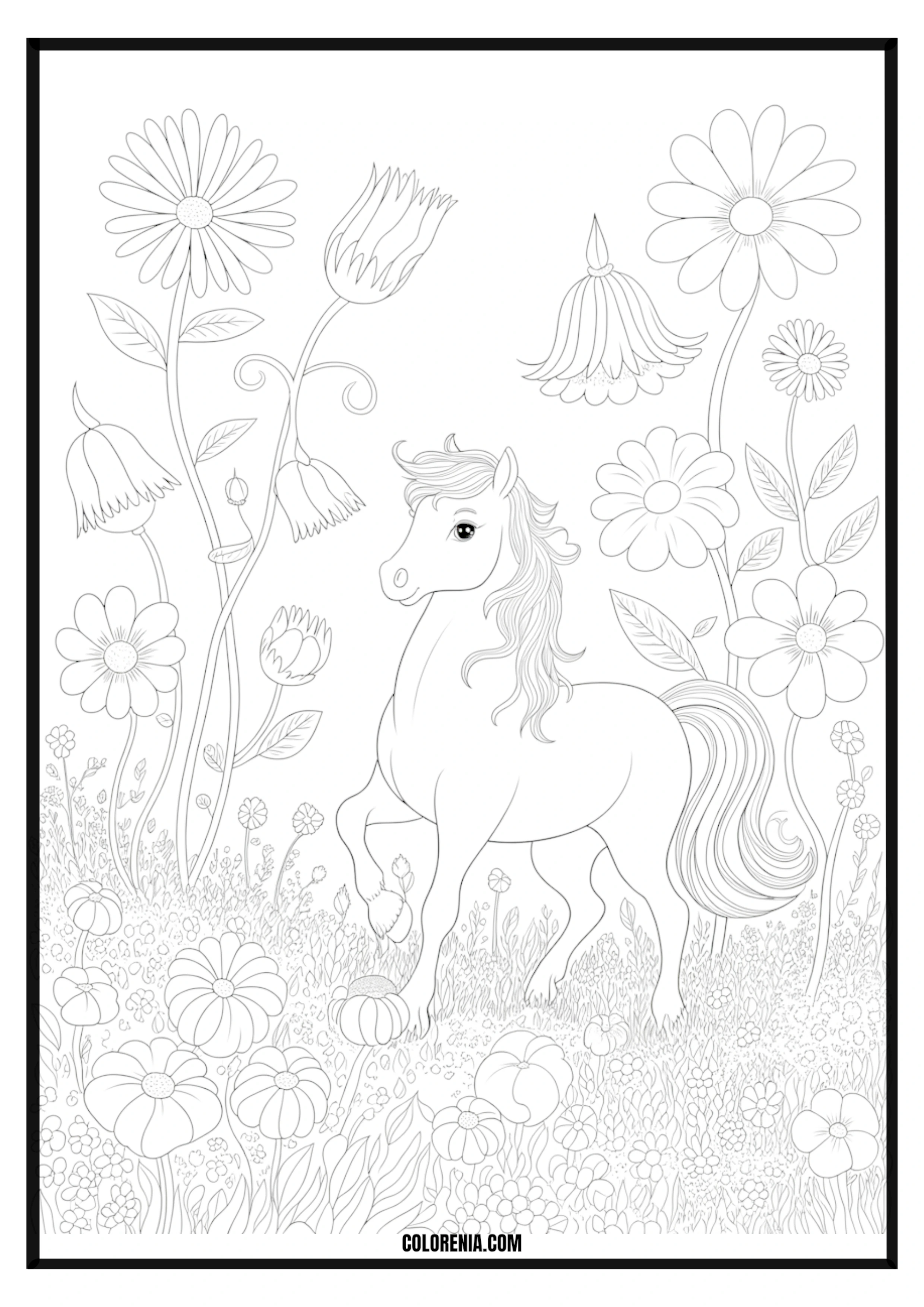Horse in a Flowery Meadow Coloring Page Horse in a beautiful flowery meadow coloring page.