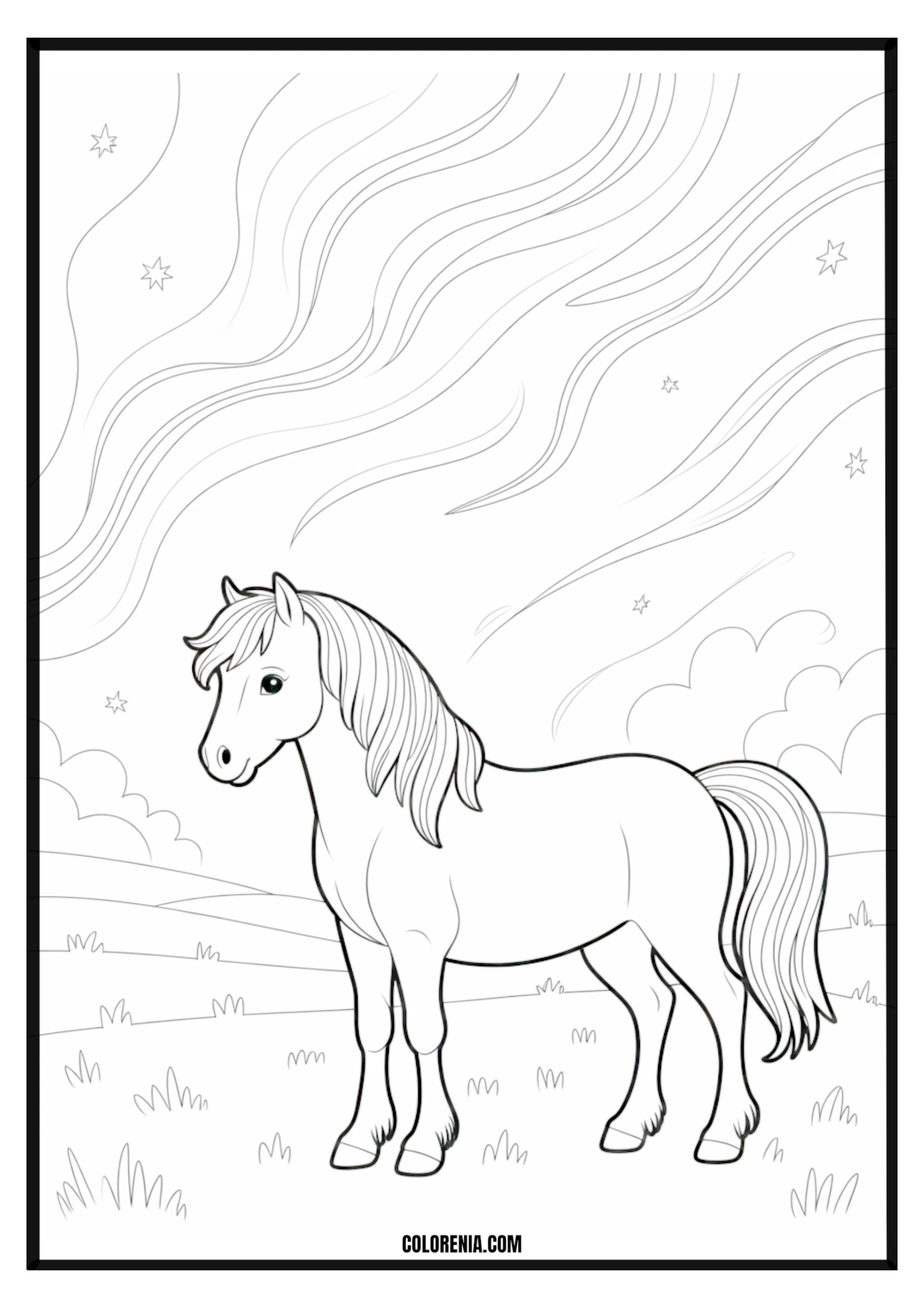 Horse in Starry Landscape Coloring Page Horse in a magical starry landscape coloring page.