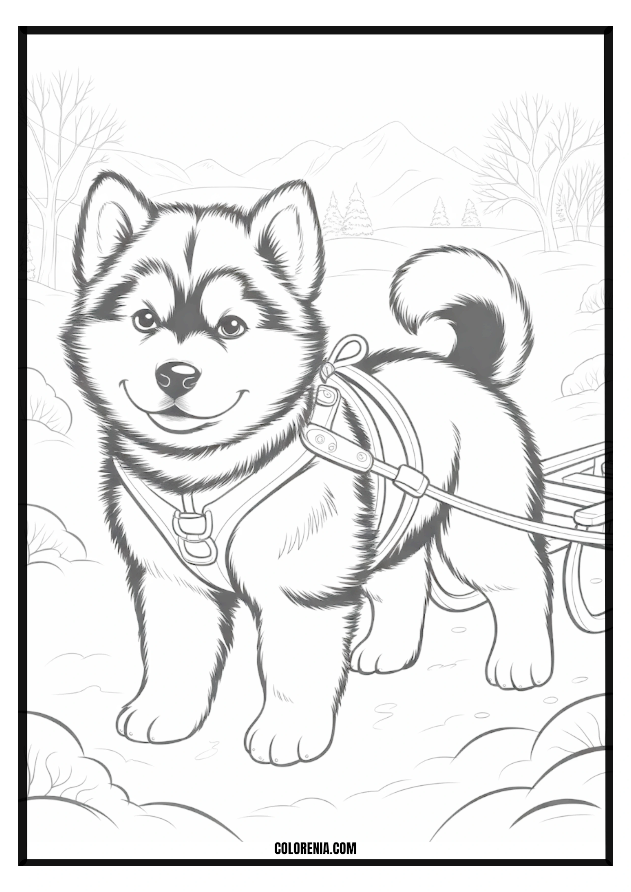 Printable Husky Puppy Sled Dog Winter Coloring Page Husky puppy as a sled dog in a snowy winter landscape, active scene.
