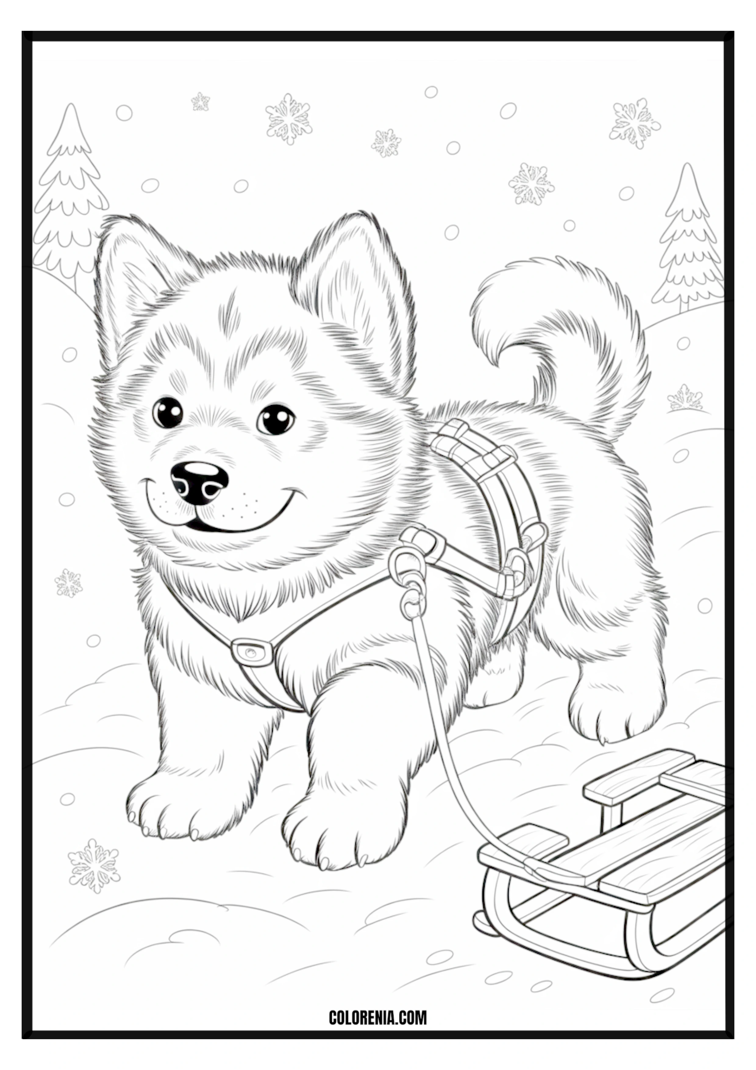 Printable Husky Puppy with Sled Coloring Page Husky puppy pulling a sled in a snowy environment, winter activity.