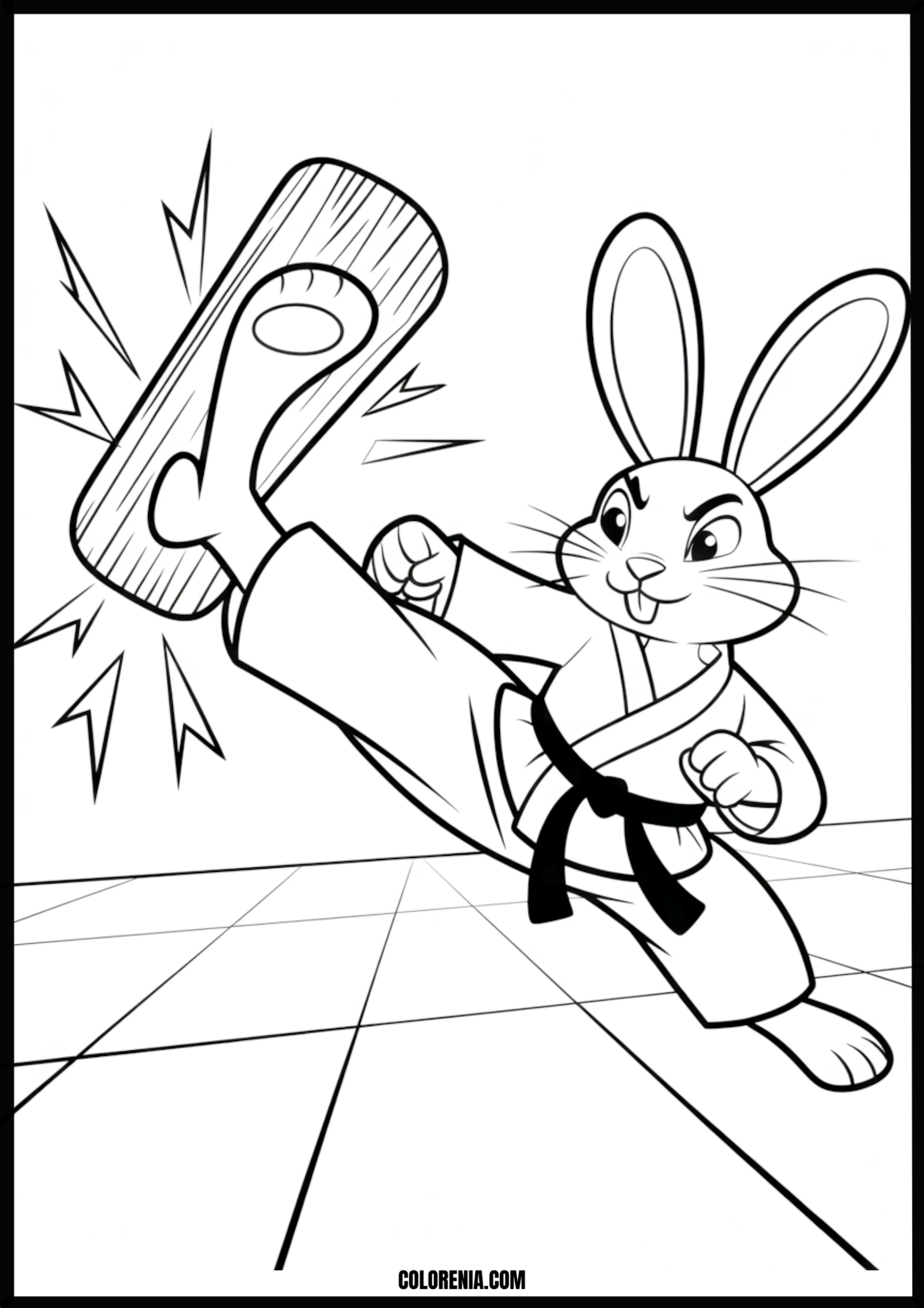 Karate Bunny Breaks Board With Kick Printable Coloring Page Coloring page of karate bunny breaks board with kick
