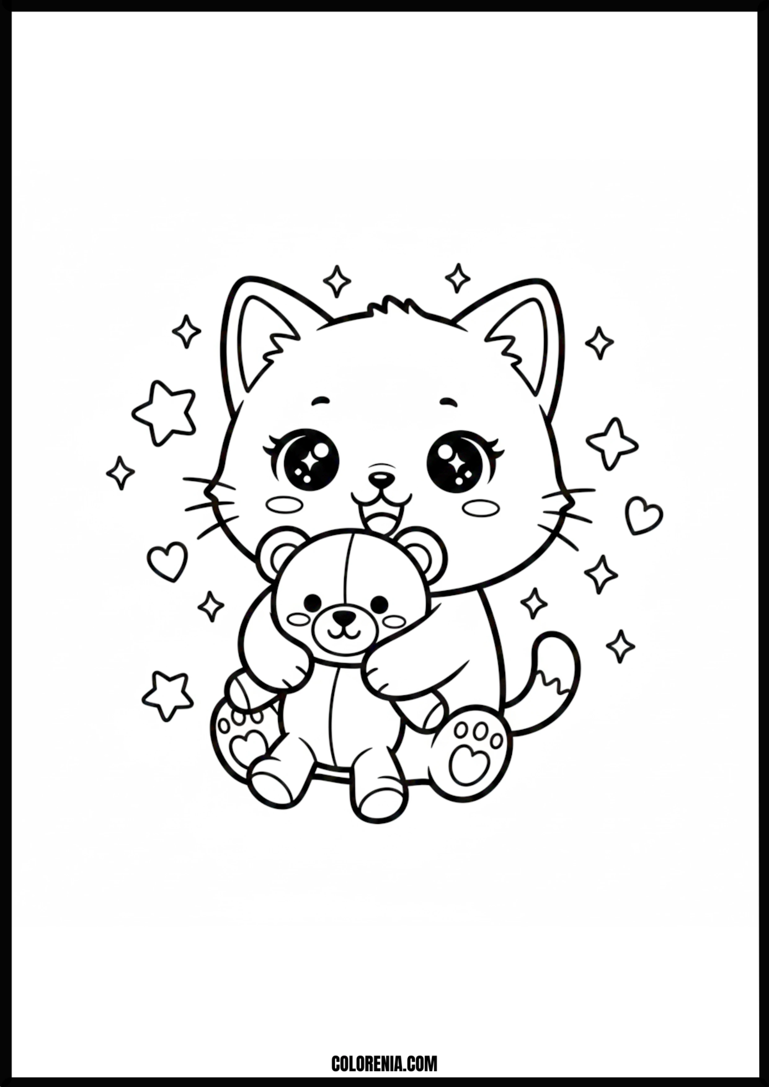 Kawaii Cat Hugging Teddy Bear Coloring Page