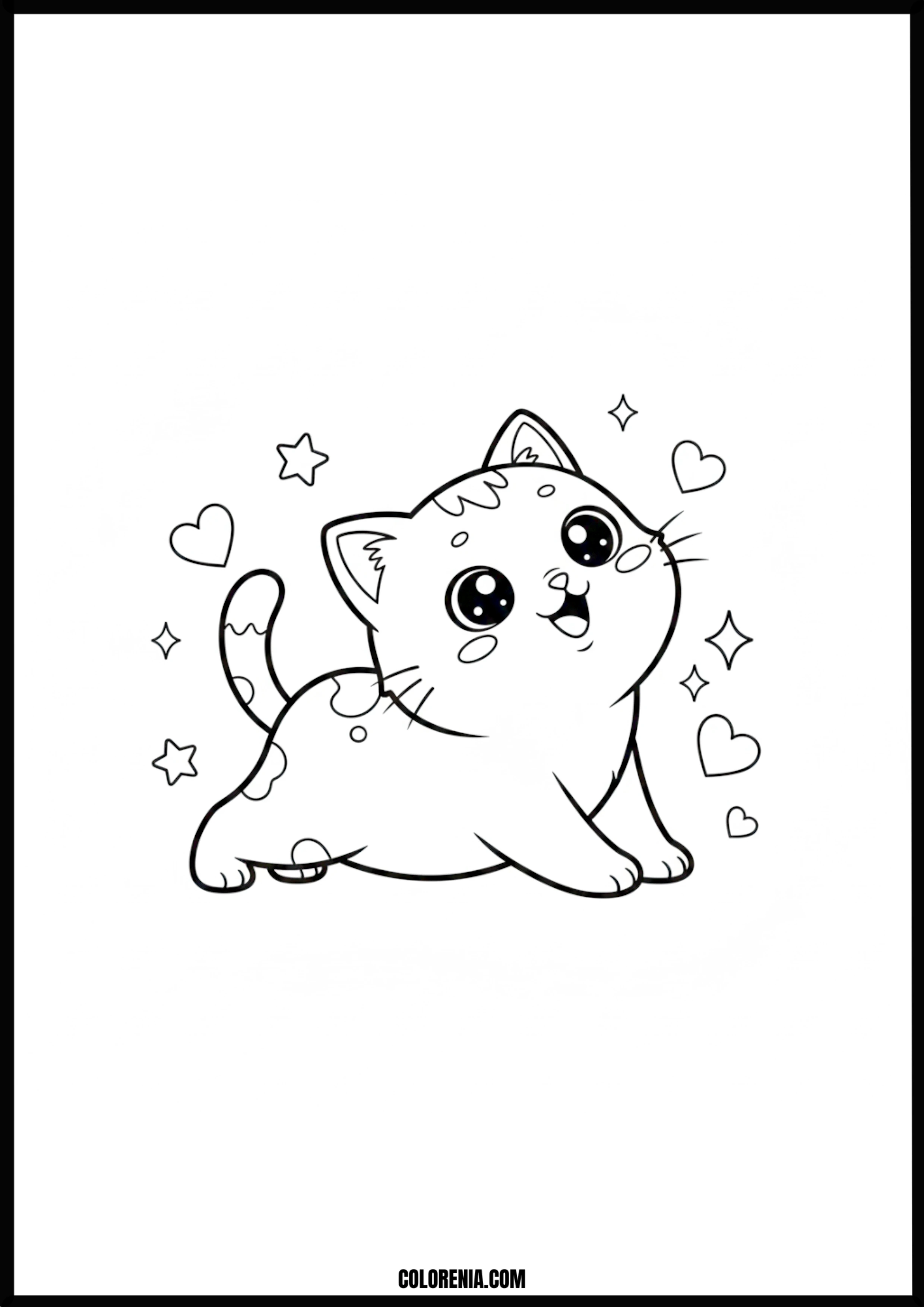 Kawaii Kitten Hearts Stars Line Art Coloring Page