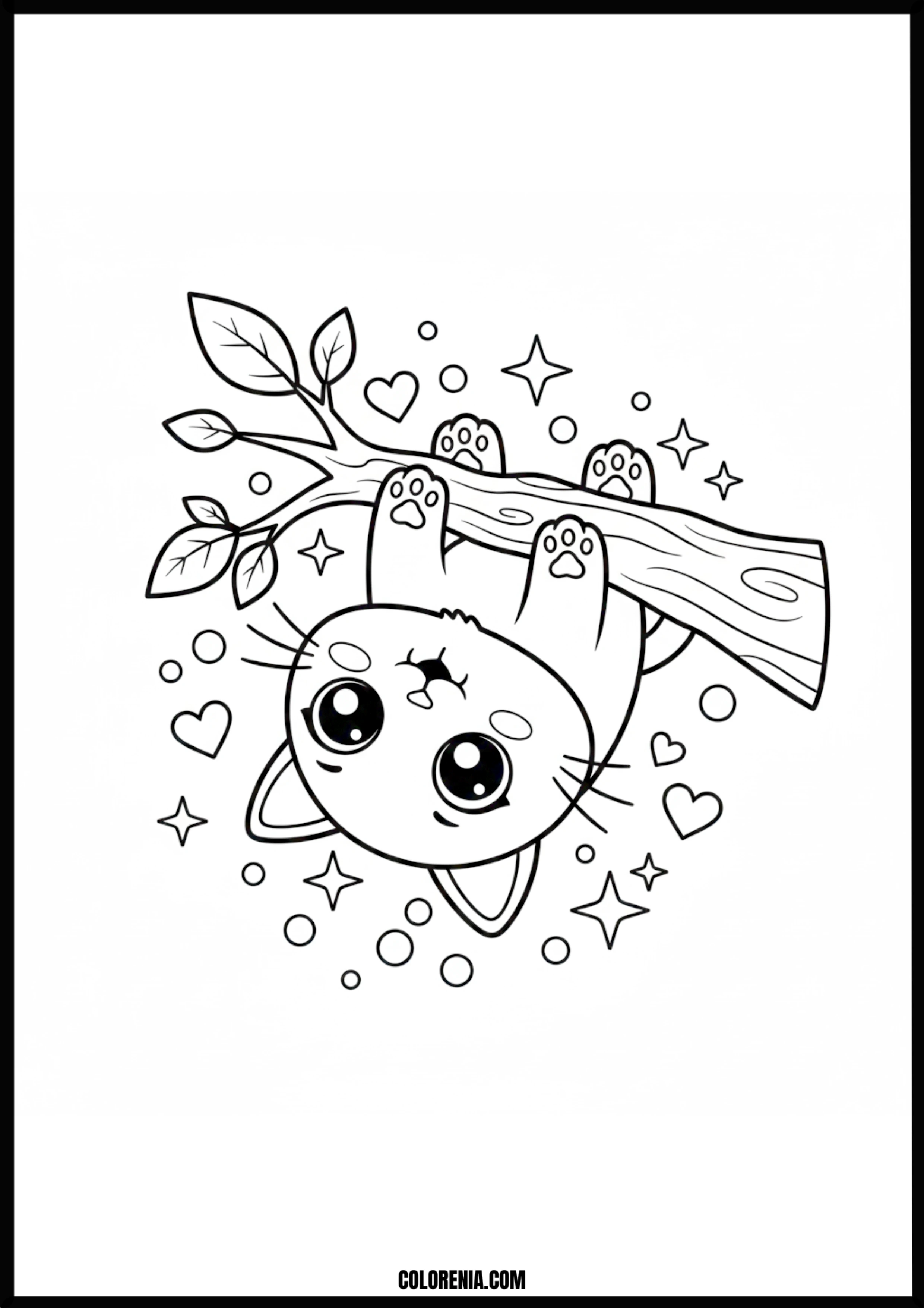 Kawaii Cat Hanging From Tree With Stars Coloring Page