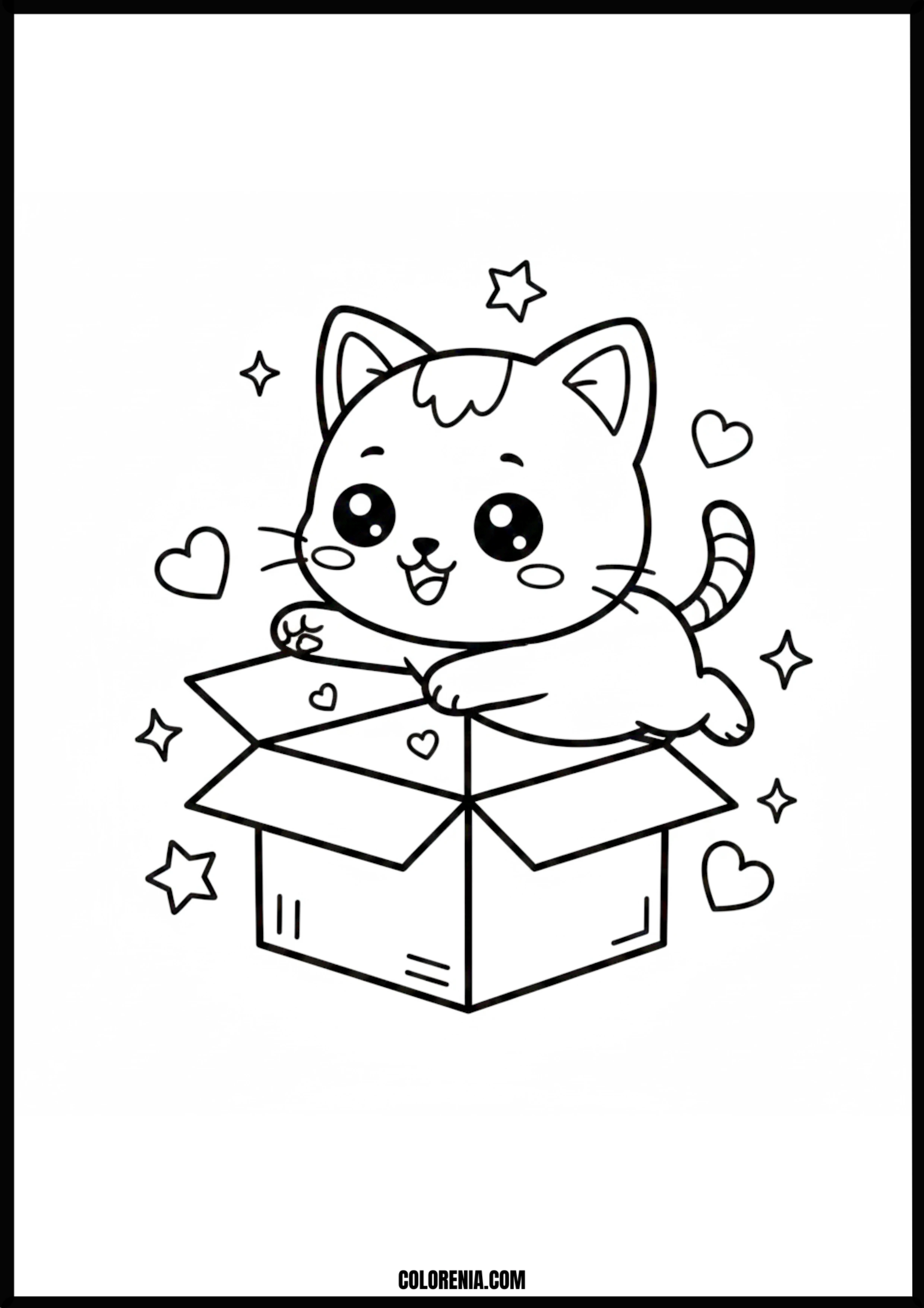 Kawaii Cat In Box Stars Hearts Coloring Page