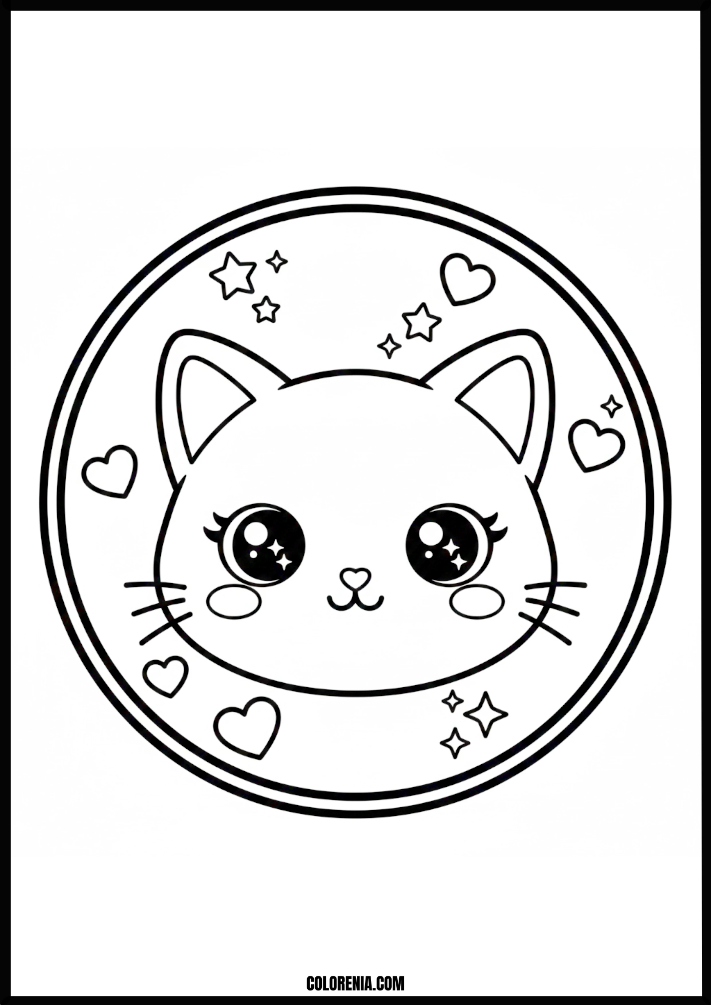 Kawaii Cat Surrounded By Stars And Hearts Coloring Page