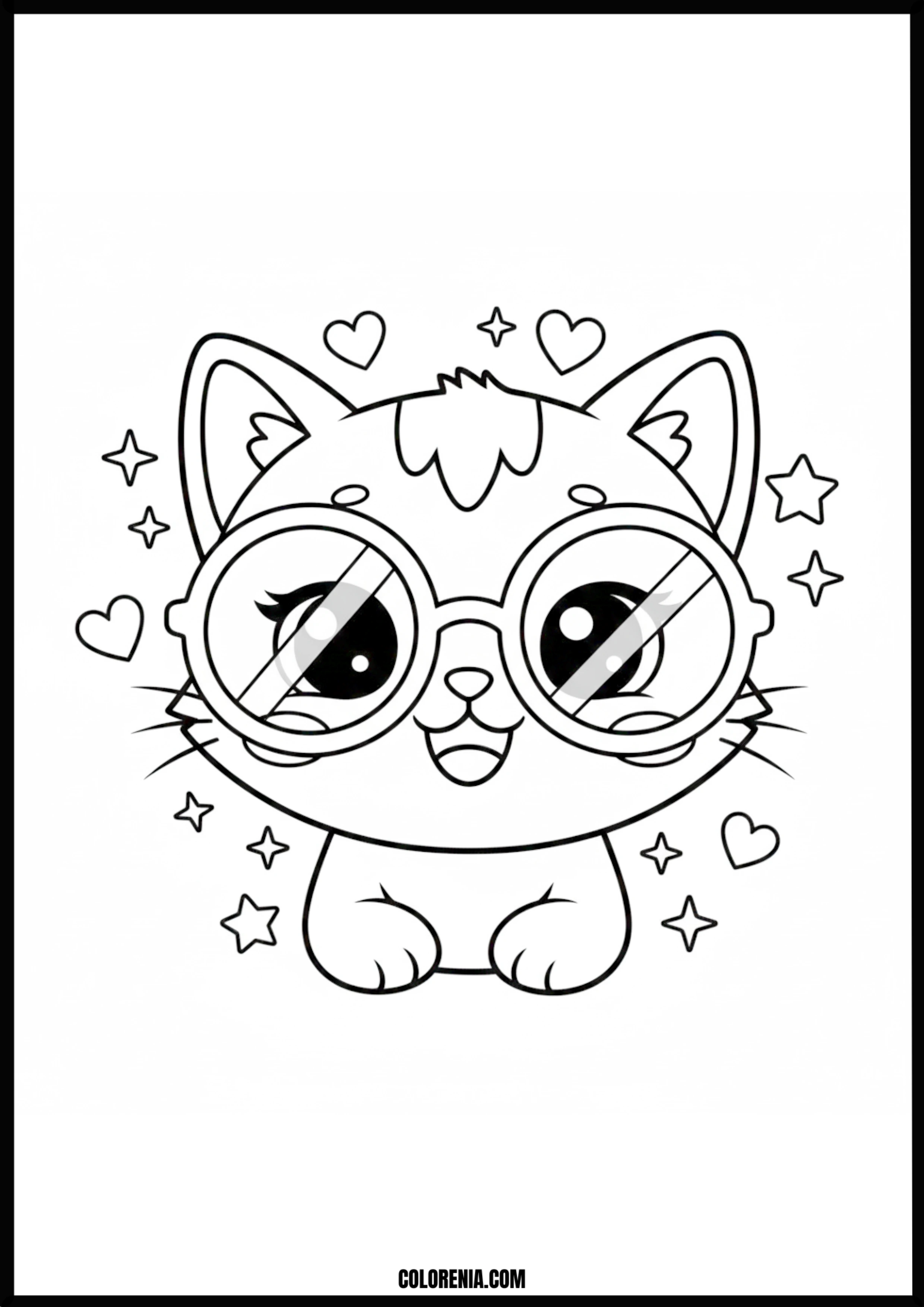 Kawaii Cat Wearing Glasses With Hearts And Stars Coloring Page