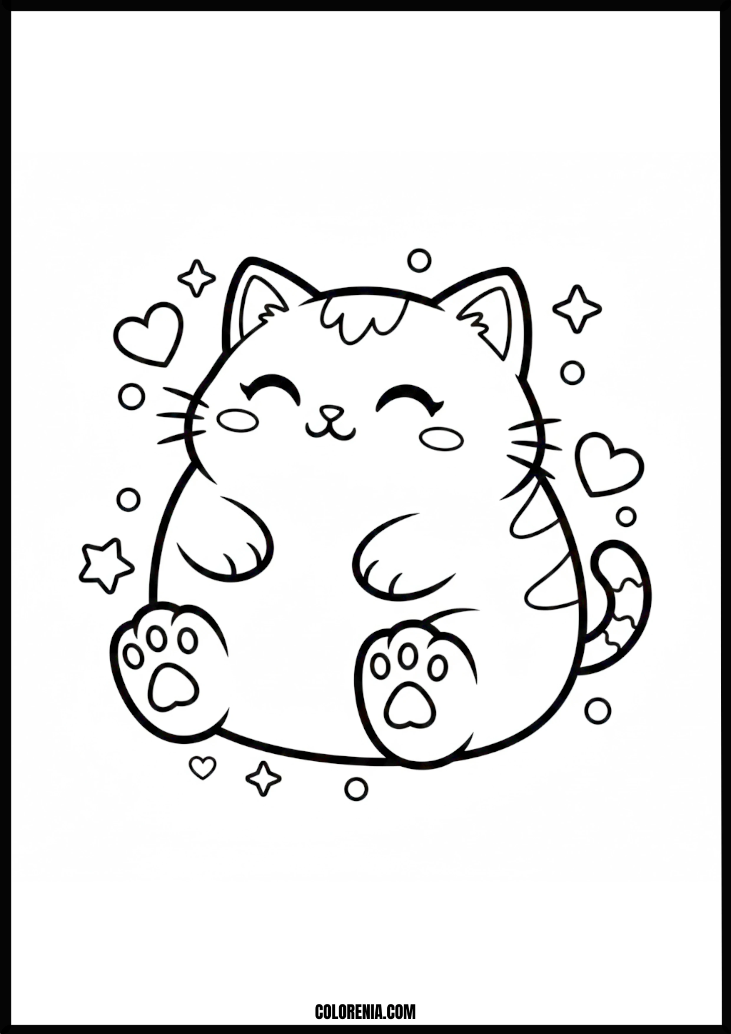 Kawaii Happy Cat Hearts And Stars Coloring Page