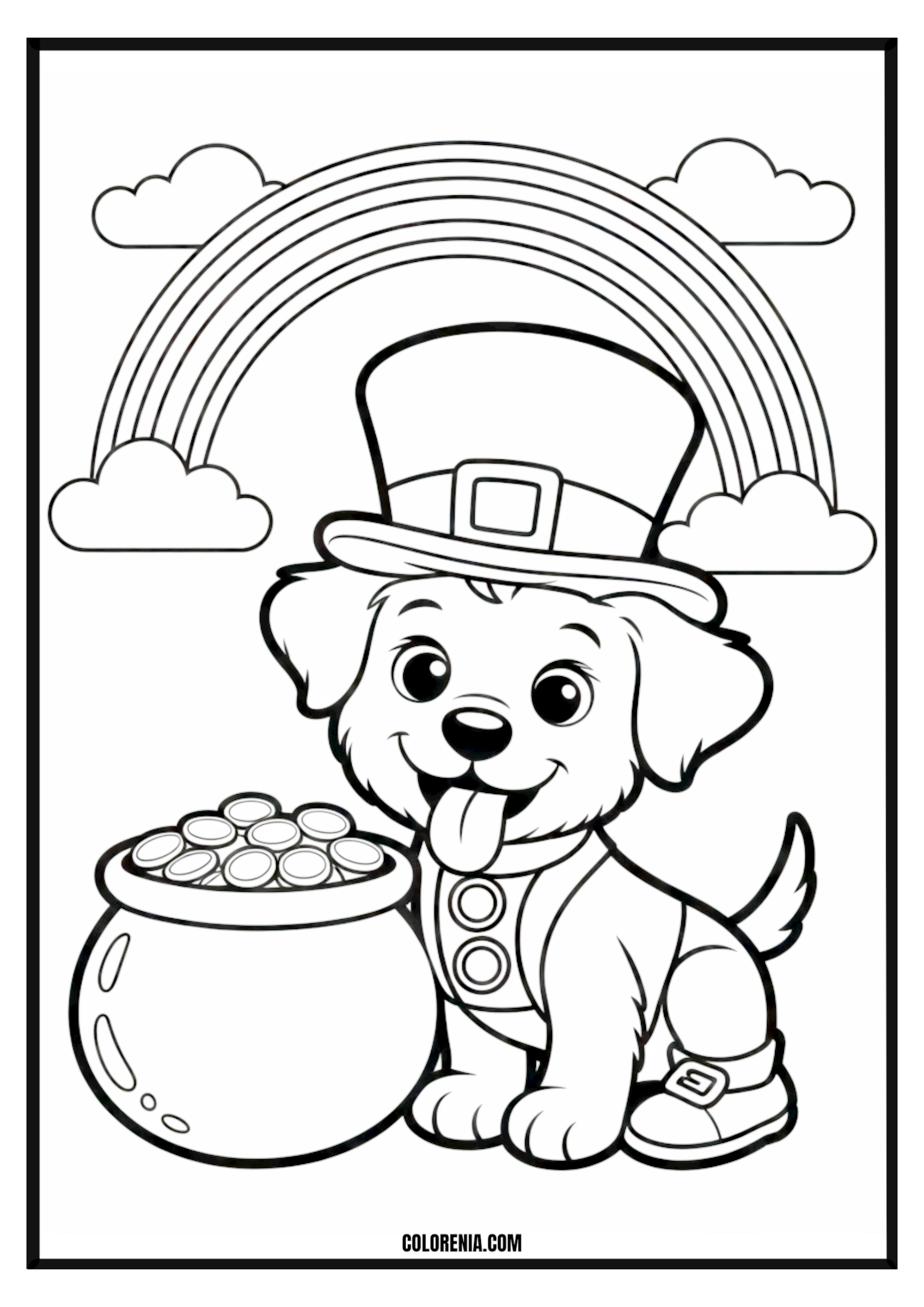 Printable Leprechaun Puppy Pot of Gold and Rainbow Coloring Page Leprechaun puppy with a pot of gold and a rainbow, St. Patrick's Day.