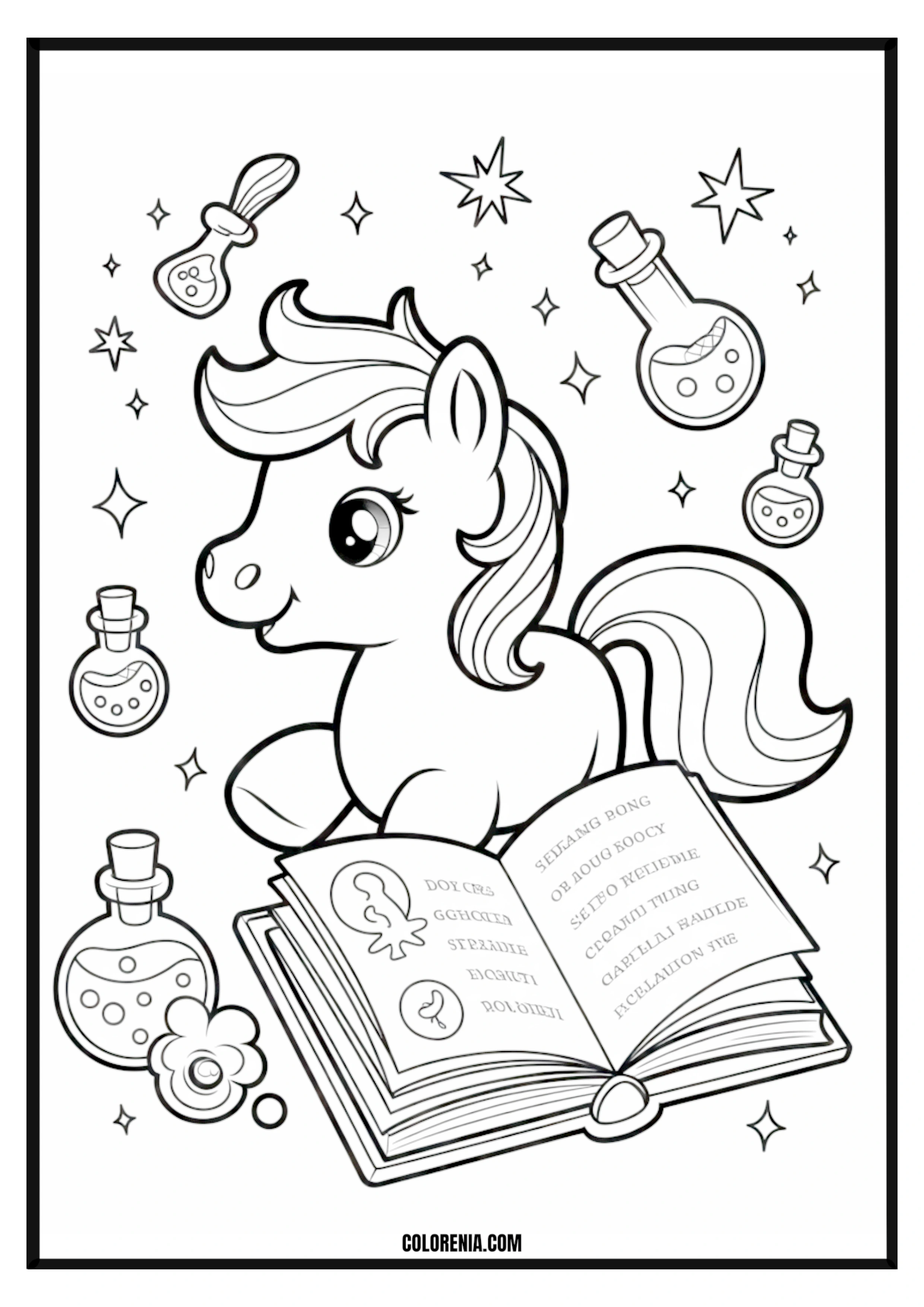 Little Pony Studying Magic with Potions Little pony studying magic with potions coloring page.