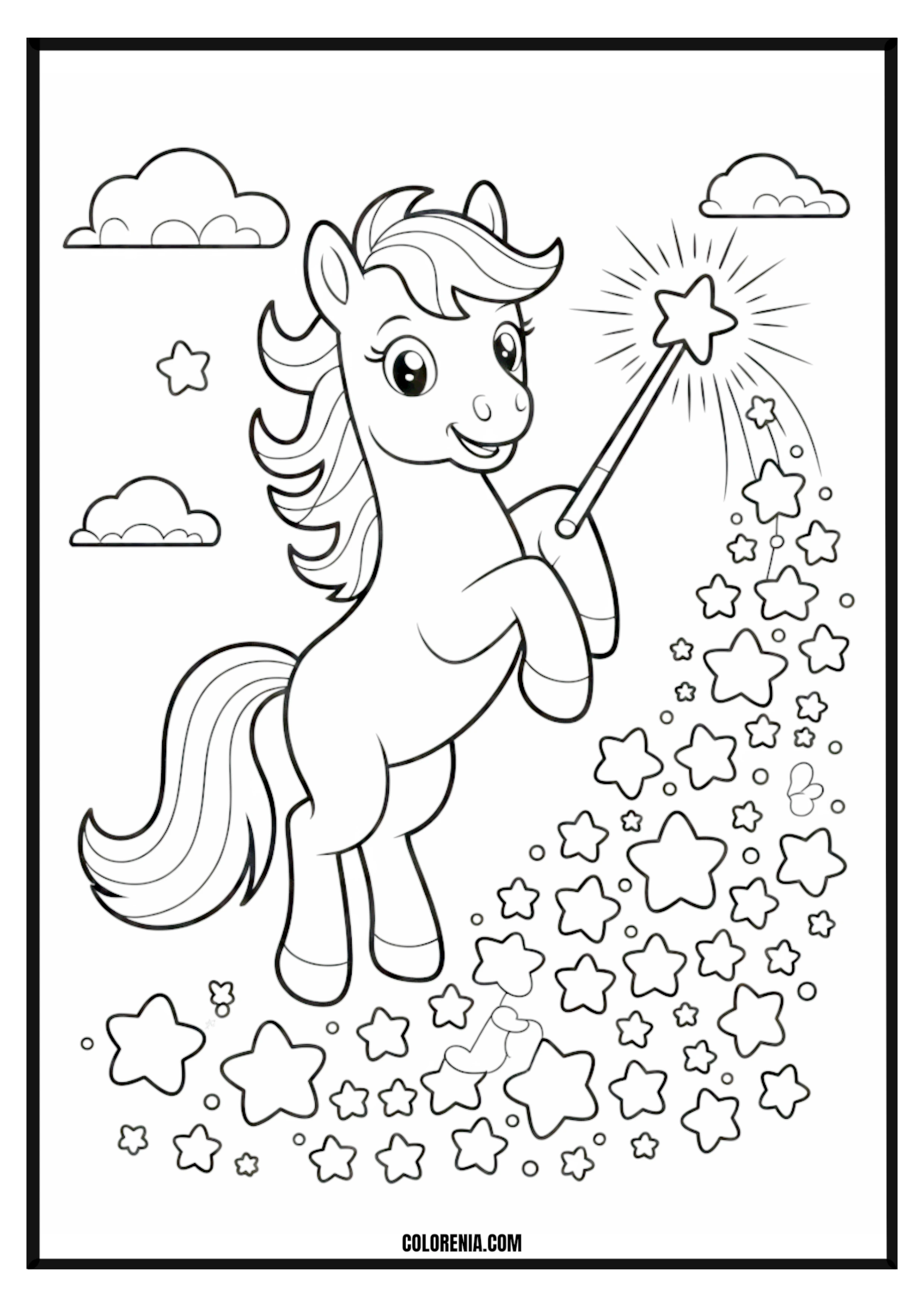Magic Pony with Wand and Stars Coloring Page Magic pony holding a wand with stars coloring page.