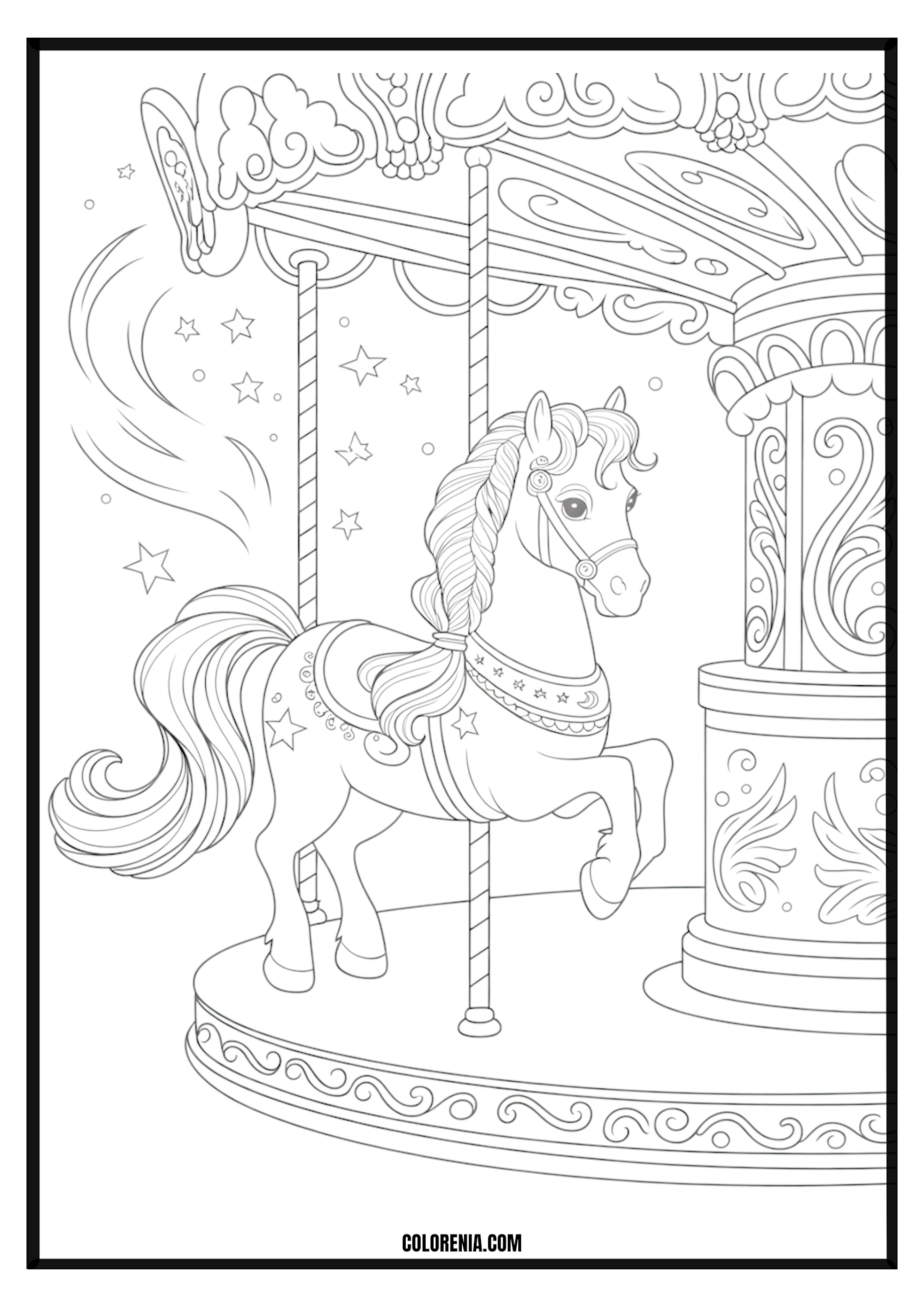Magical Carousel Horse Coloring Page Magical carousel horse with ornate details coloring page.